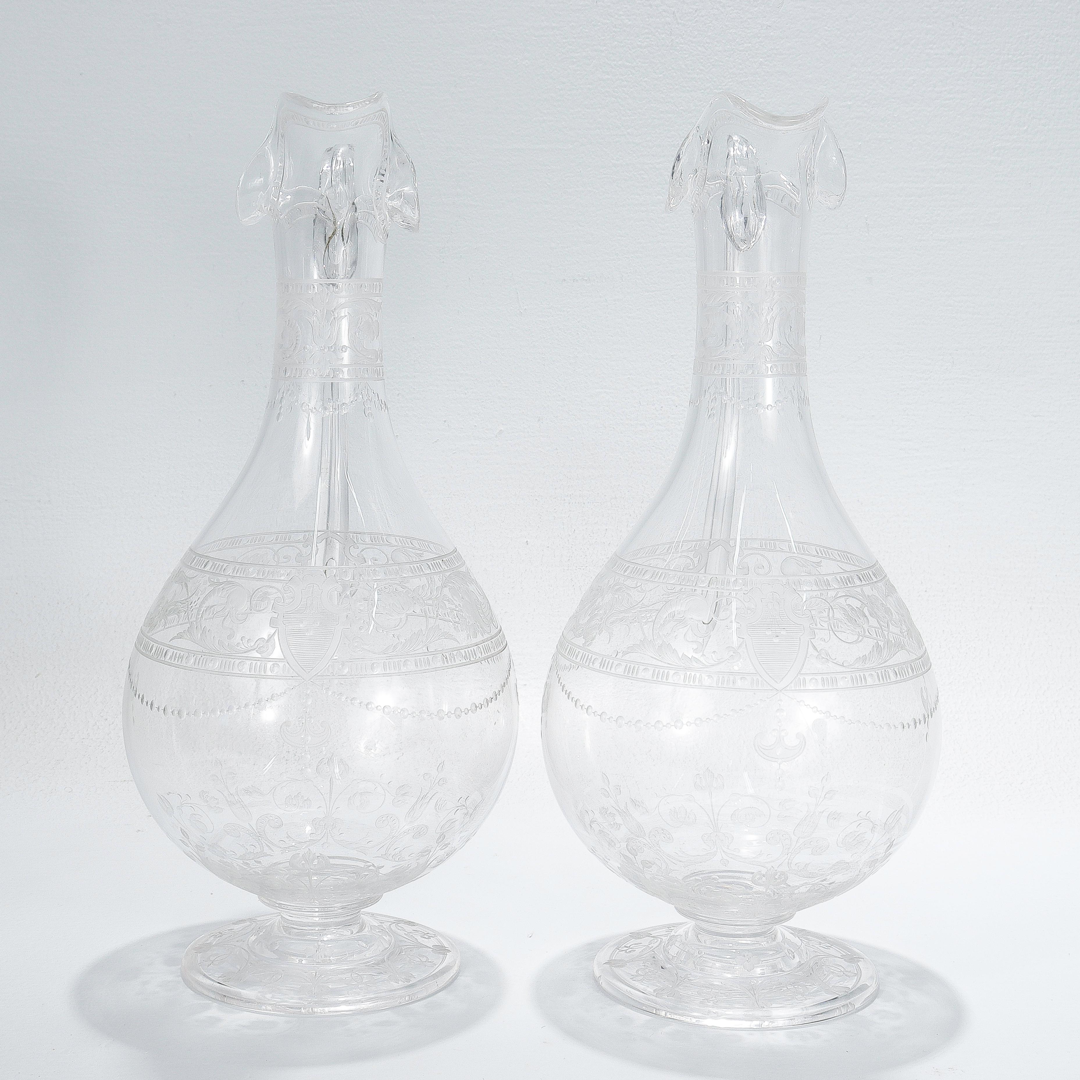 Pair of Antique Stourbridge Etched & Engraved Glass Water Pitchers or Decanters For Sale 2