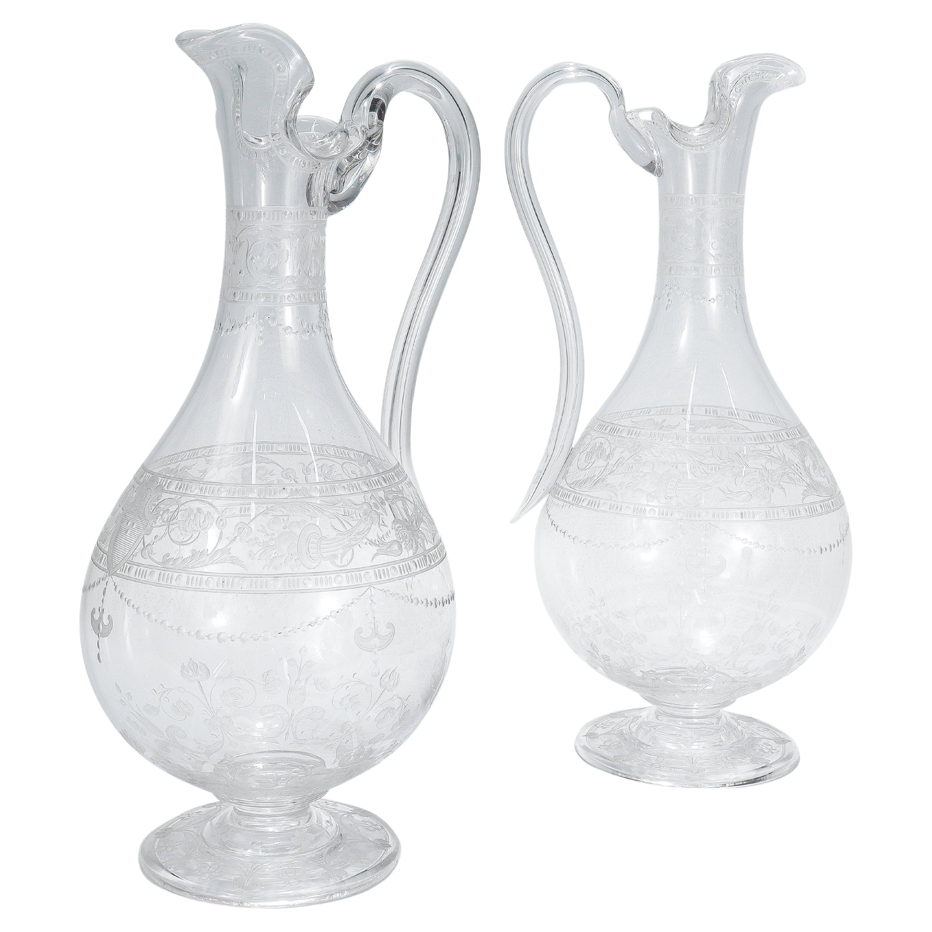 Pair of Antique Stourbridge Etched & Engraved Glass Water Pitchers or Decanters For Sale