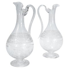 Pair of Antique Stourbridge Etched & Engraved Glass Water Pitchers or Decanters