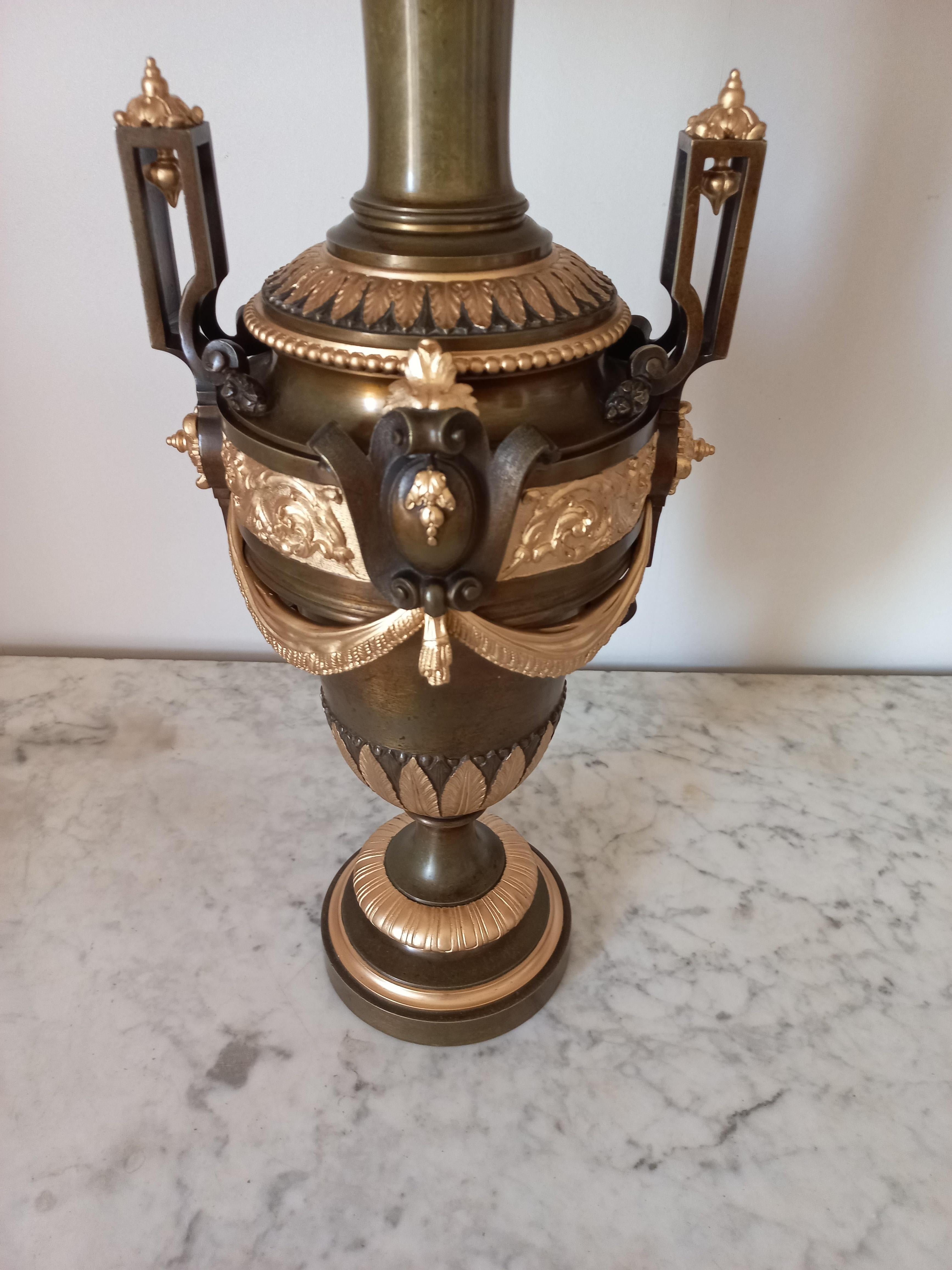 French Pair of antique style bronze lamps, France 19th century For Sale