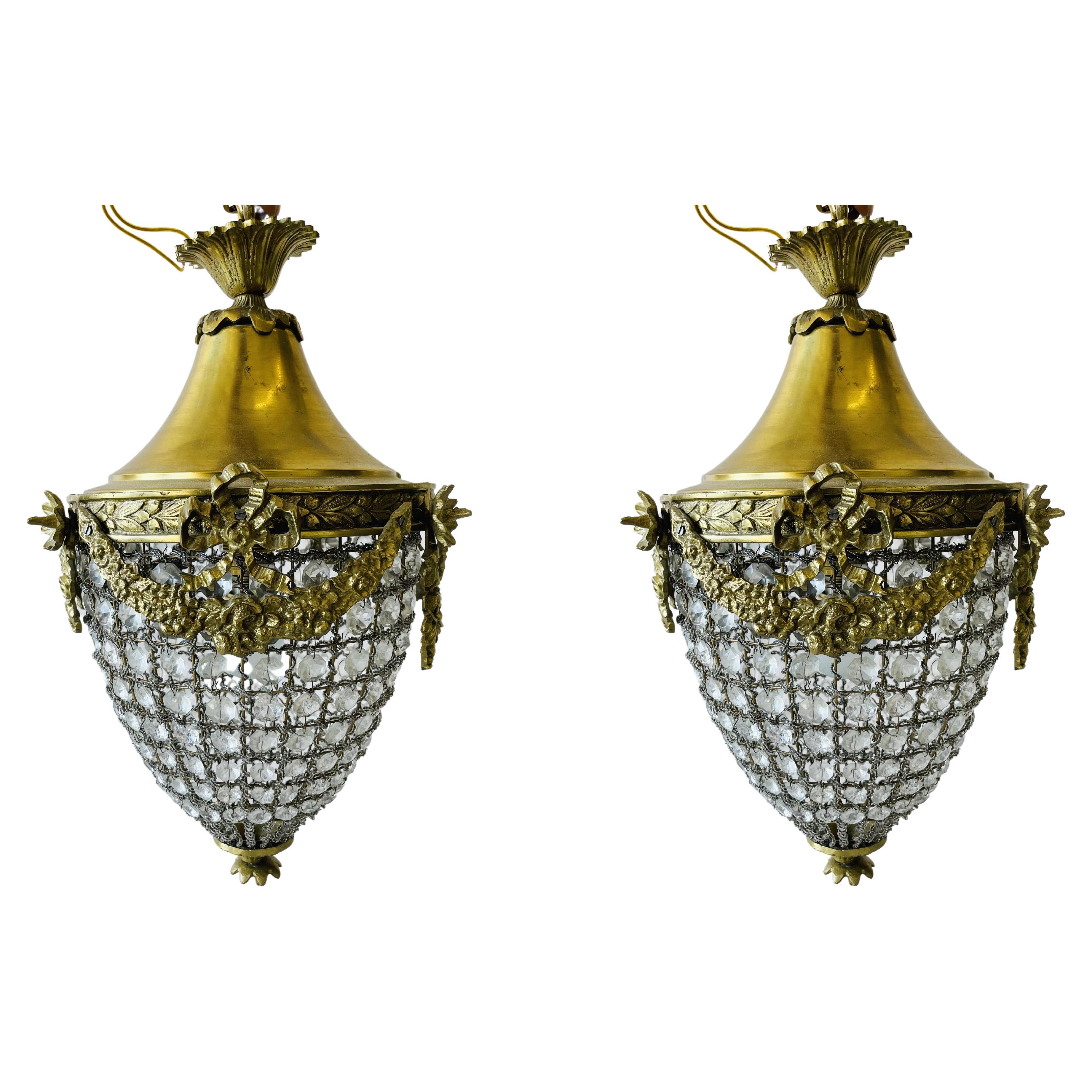 Pair of Antique style Pendant Lights in Solid Brass & Cut Glass For Sale