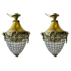 Pair of Antique style Pendant Lights in Solid Brass & Cut Glass