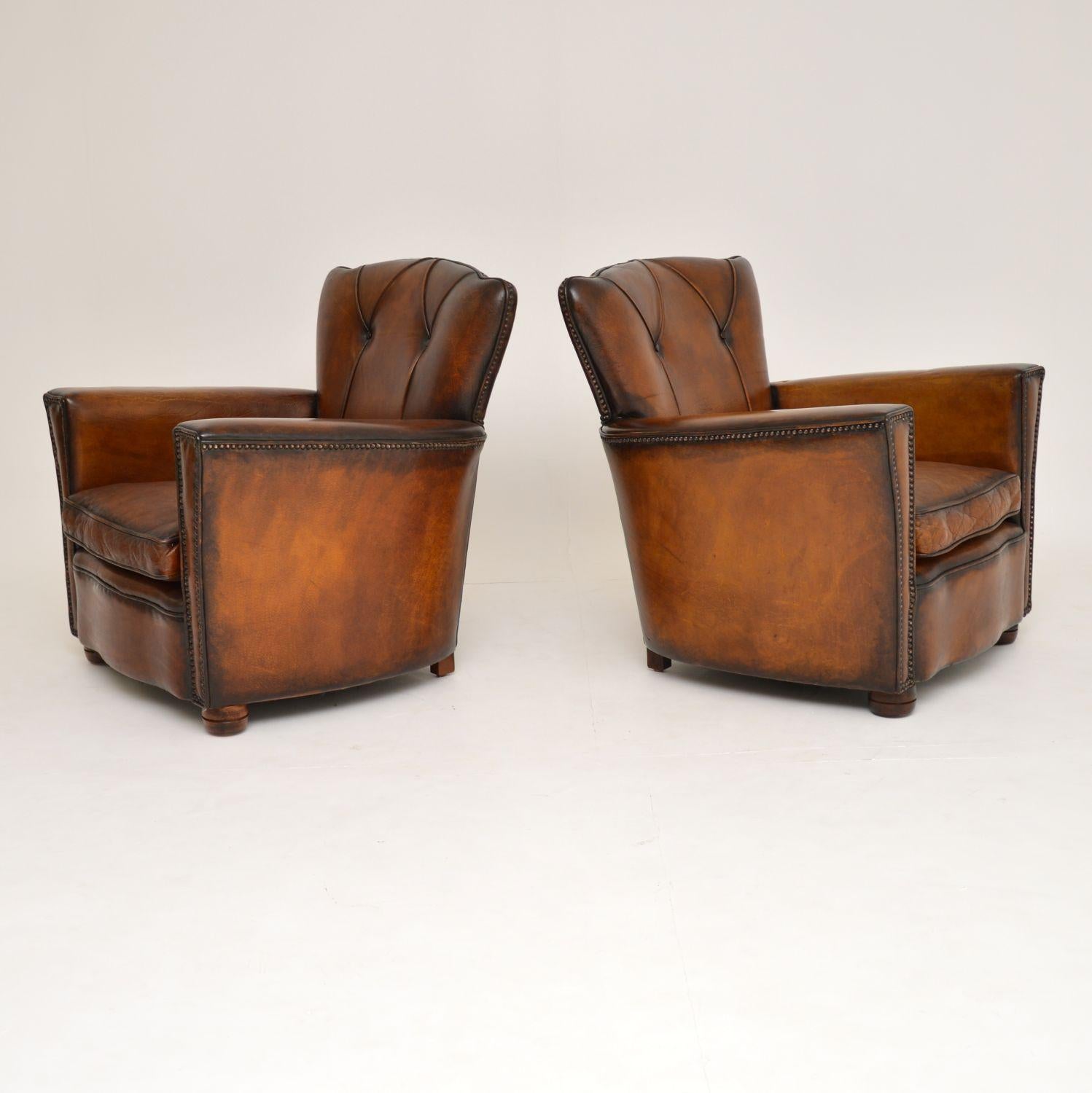 English Pair of Antique Style Vintage Leather Club Armchairs