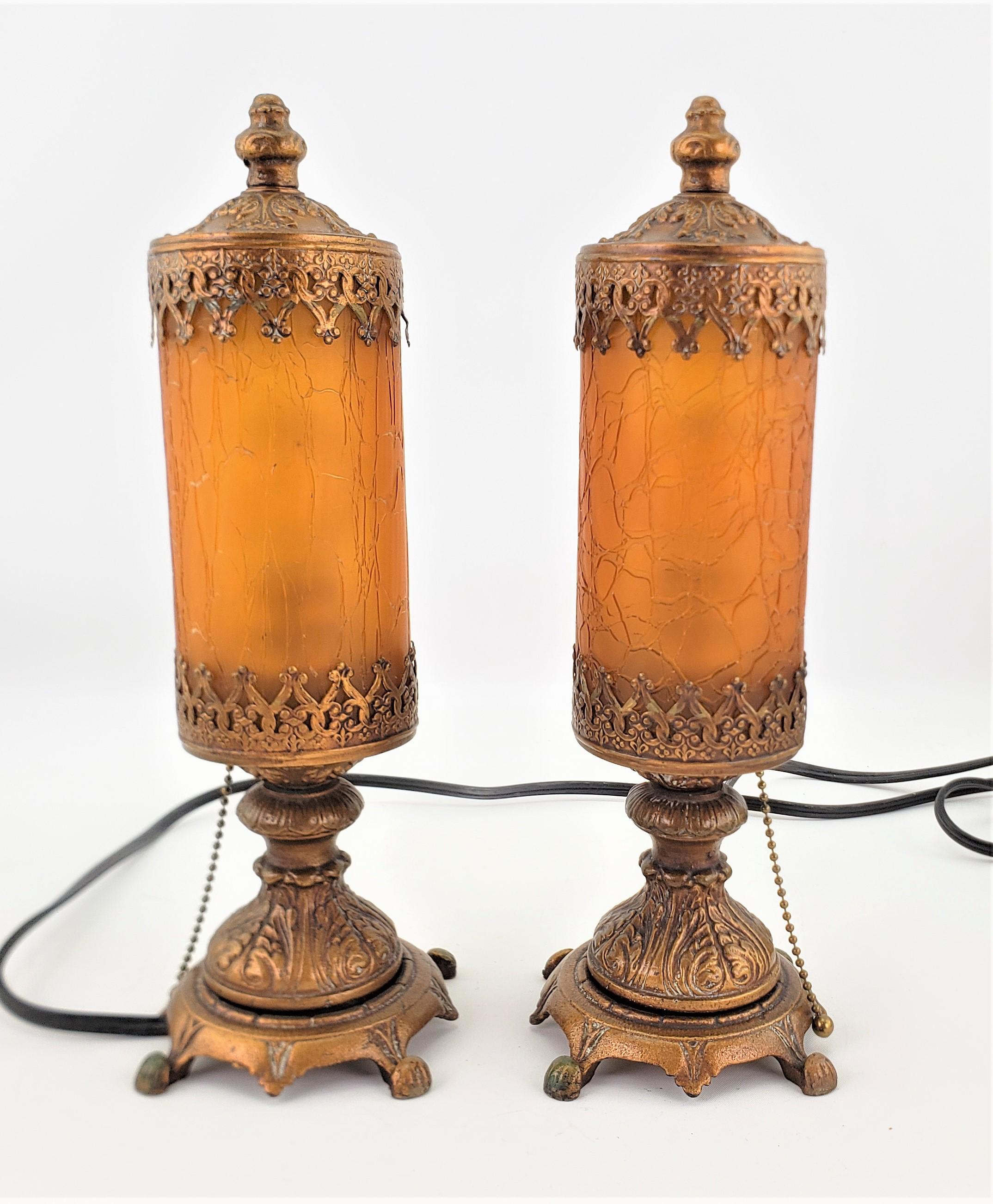 Victorian Pair of Antique Styled Accent or Boudoir Table Lamps with Crackle Glass Shades