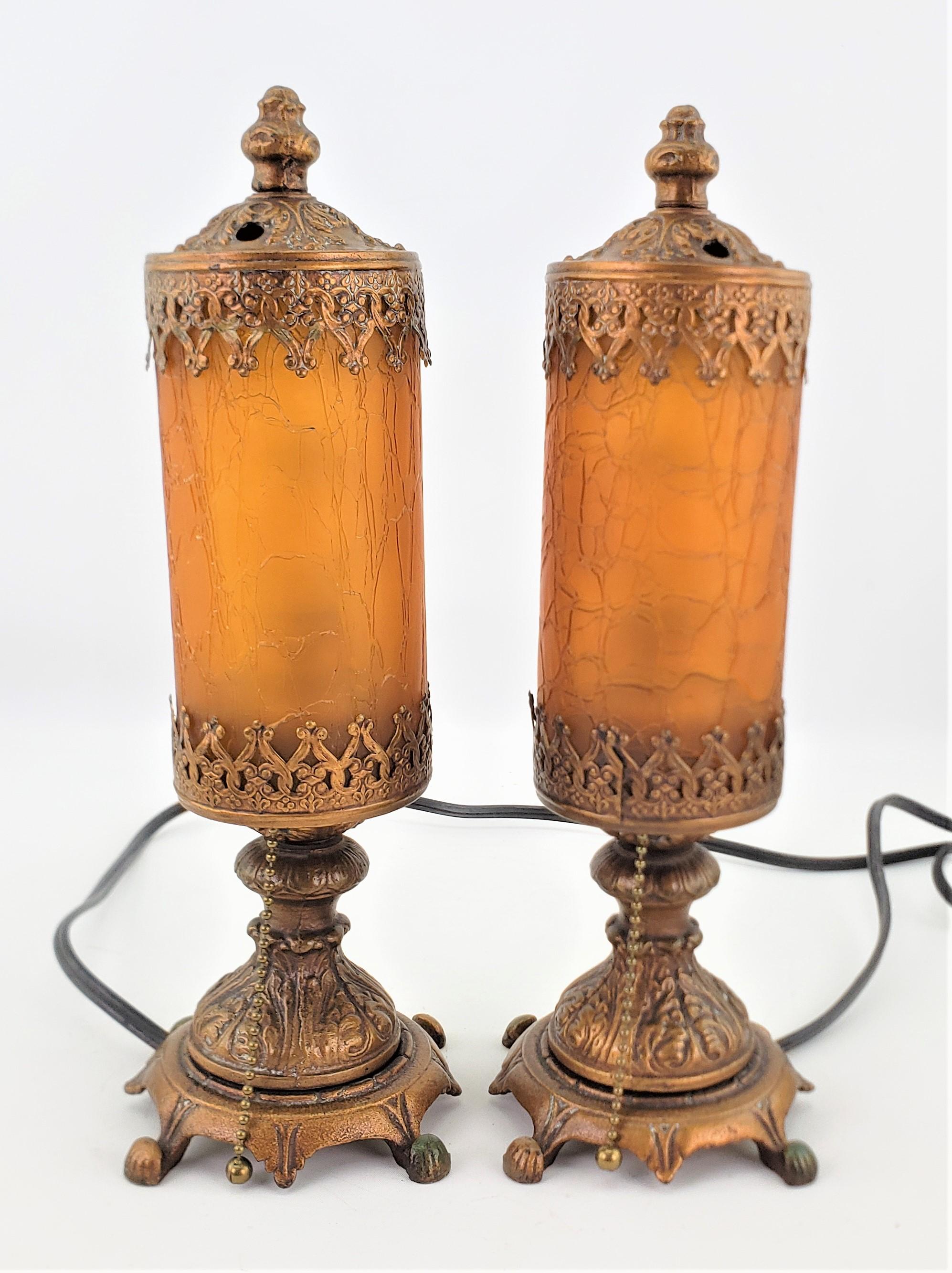 Machine-Made Pair of Antique Styled Accent or Boudoir Table Lamps with Crackle Glass Shades