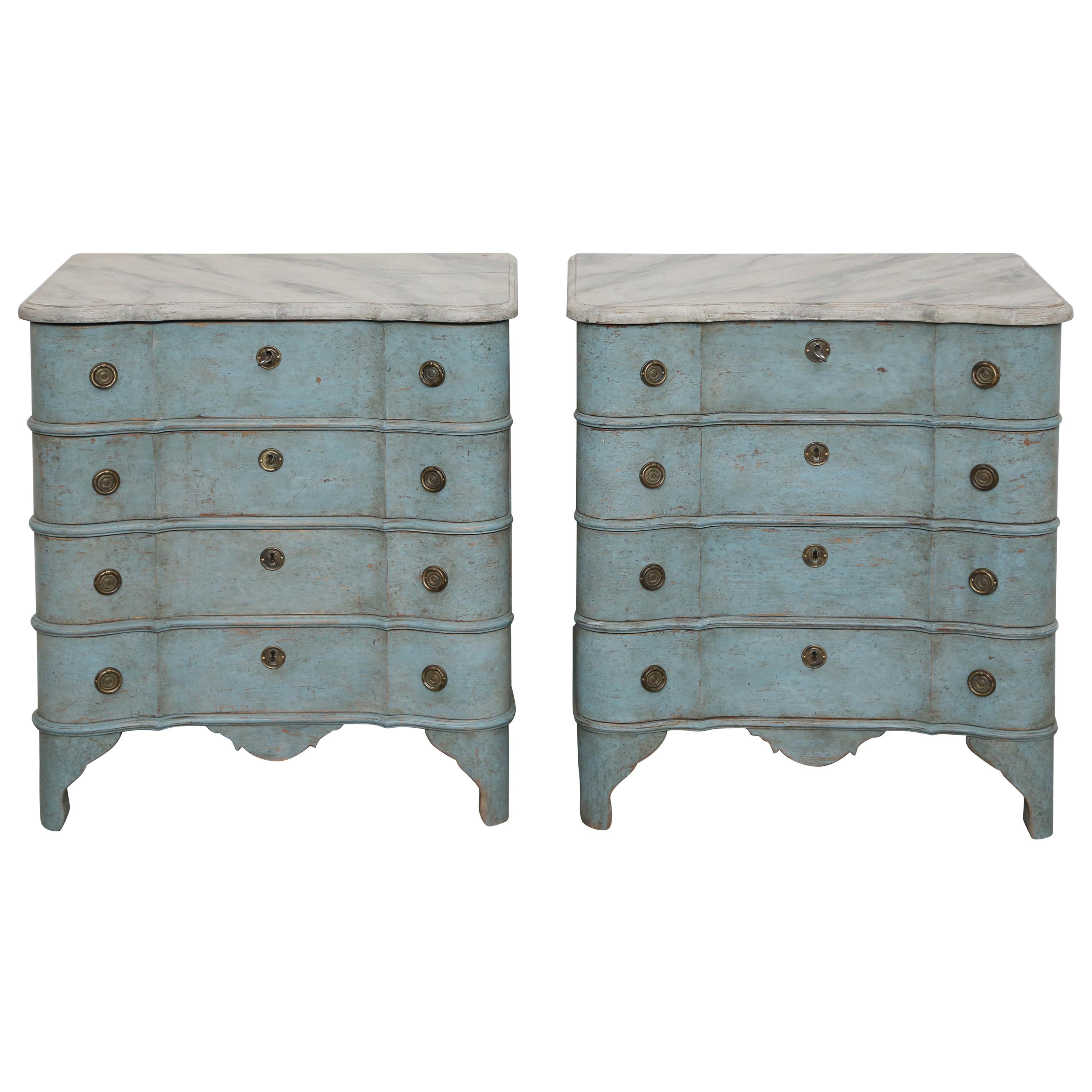 Pair of Antique Swedish Baroque Style Blue Painted Chests, Mid-19th Century