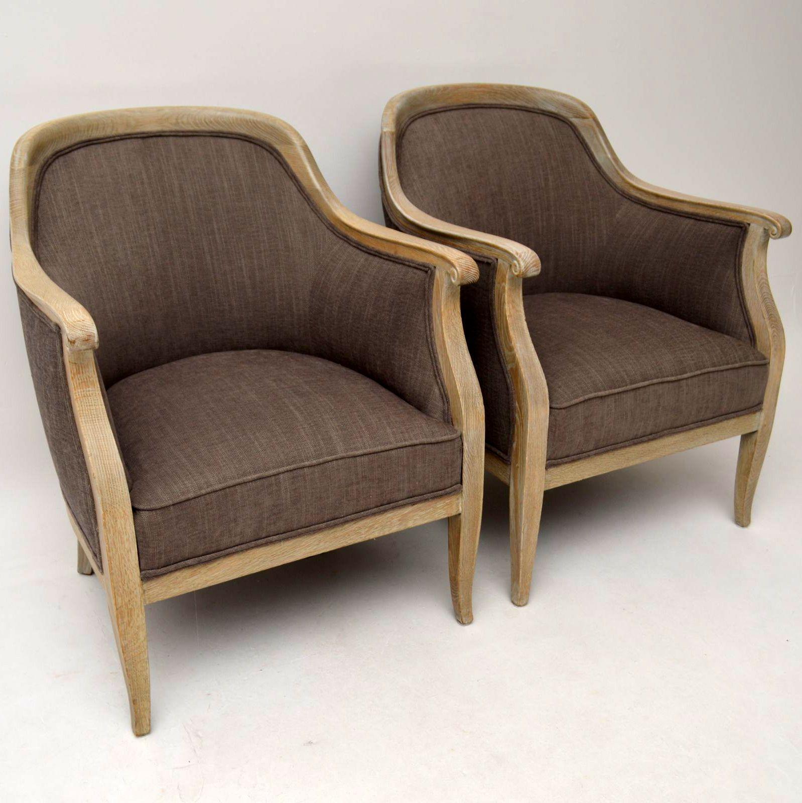 Pair of Antique Swedish Bleached Oak Upholstered Armchairs 1