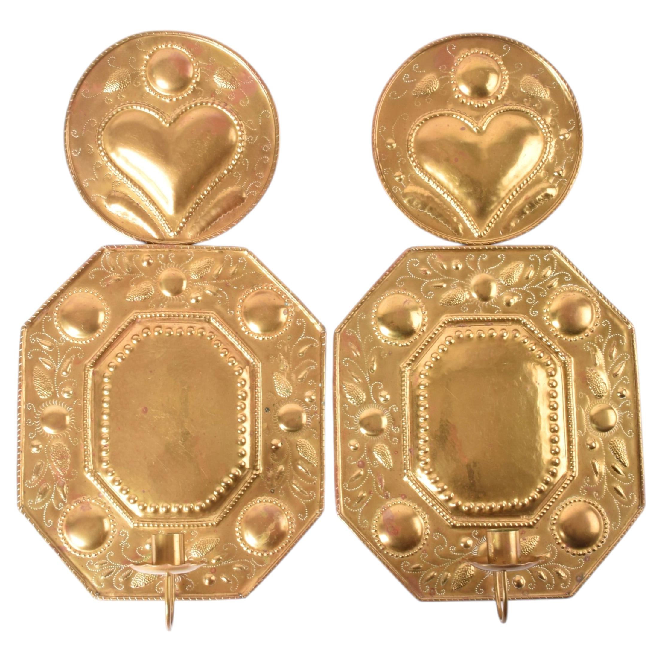 Pair of Antique Swedish Brass Candle Sconces with Heart and Flower Motif