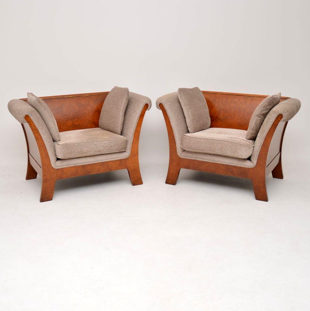 Fabulous pair of antique Swedish armchairs with quite wide proportions and in very good condition. The previous owner bought these in a London antique shop about 25 years ago and just had them re-upholstered, so the fabric is perfect. The polished