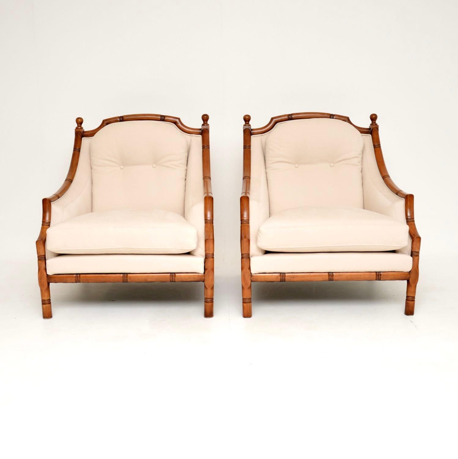A stunning and unusual pair of Swedish vintage armchairs in the antique colonial style. They were recently imported from Sweden, and they date from around the 1950’s.

The quality is amazing, they are also extremely comfortable & have very generous