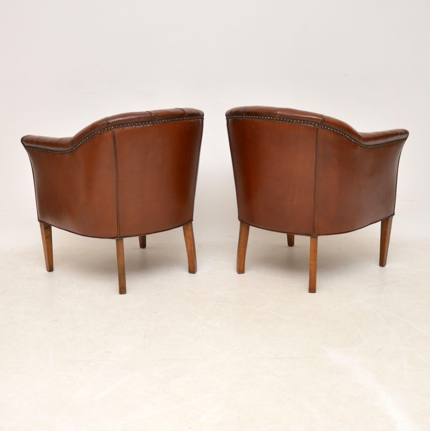 20th Century Pair of Antique Swedish Deep Buttoned Leather Armchairs