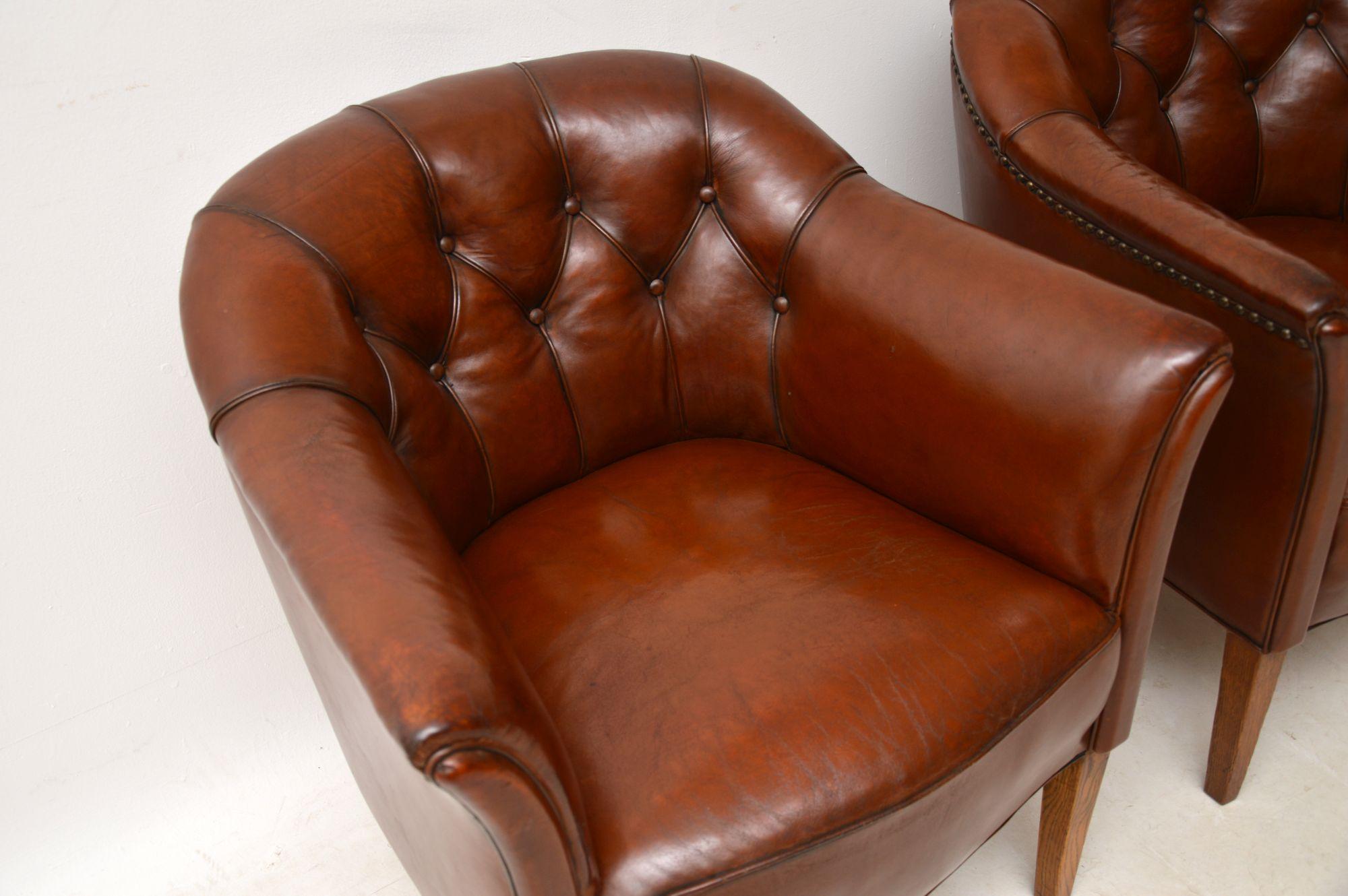 Edwardian Pair of Antique Swedish Deep Buttoned Leather Armchairs