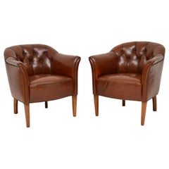 Pair of Antique Swedish Deep Buttoned Leather Armchairs