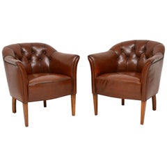 Pair of Antique Swedish Deep Buttoned Leather Armchairs