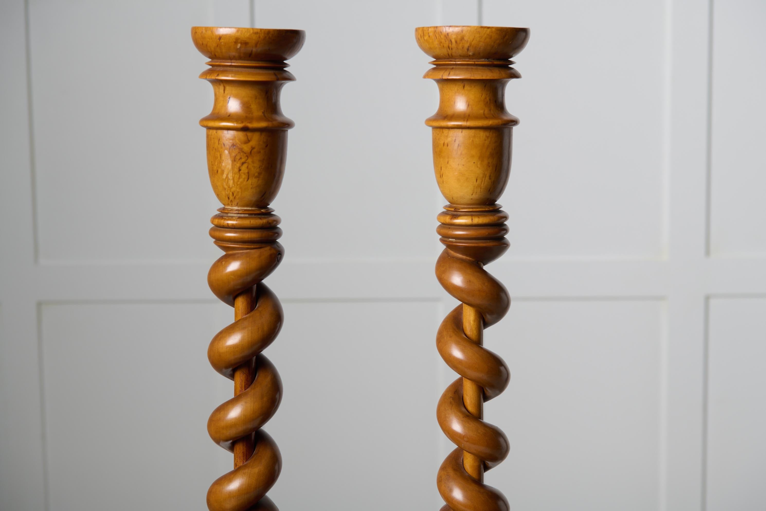 Hand-Crafted Pair of Antique Swedish Empire Candlesticks Made by Hand in Solid Birch For Sale