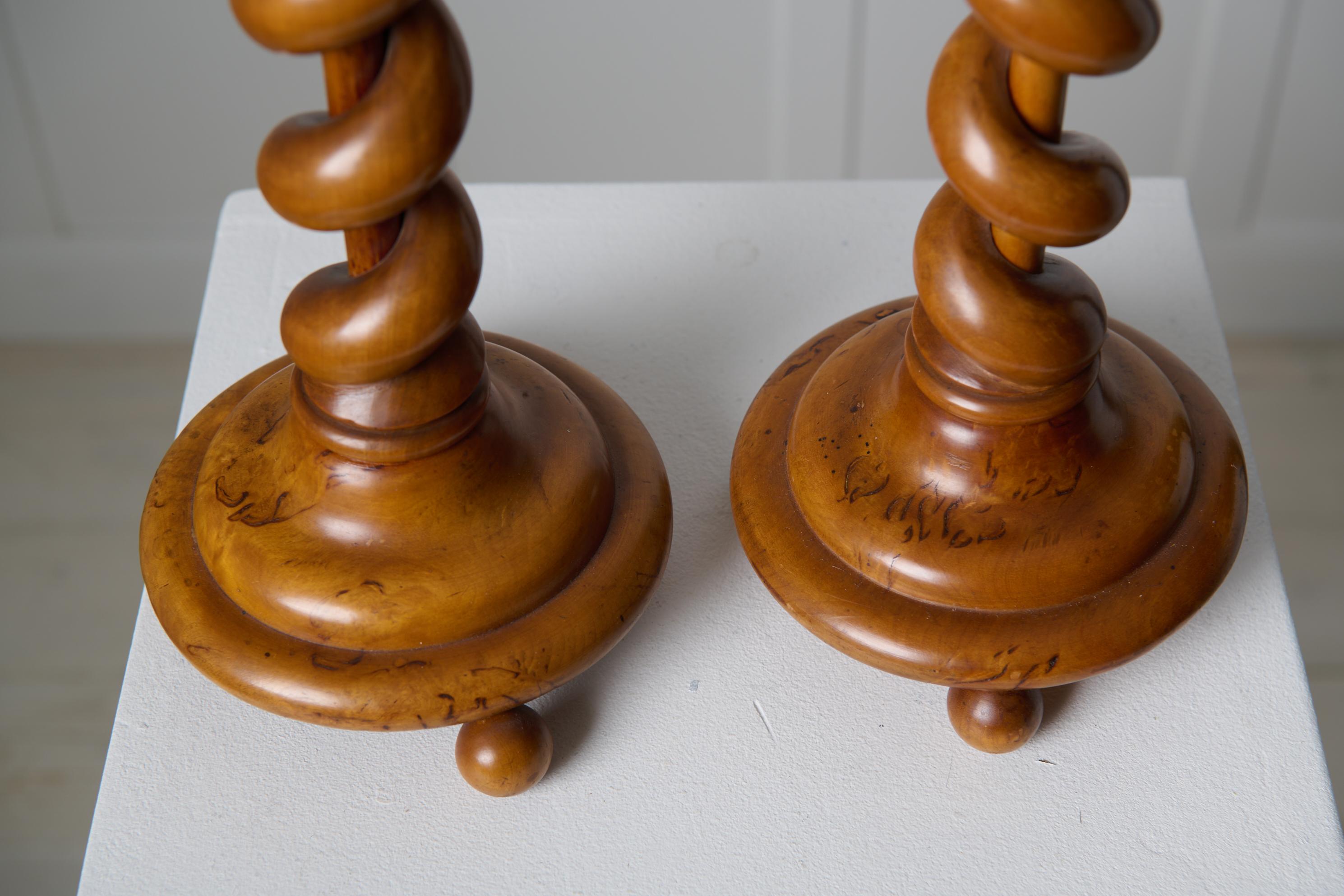 19th Century Pair of Antique Swedish Empire Candlesticks Made by Hand in Solid Birch For Sale