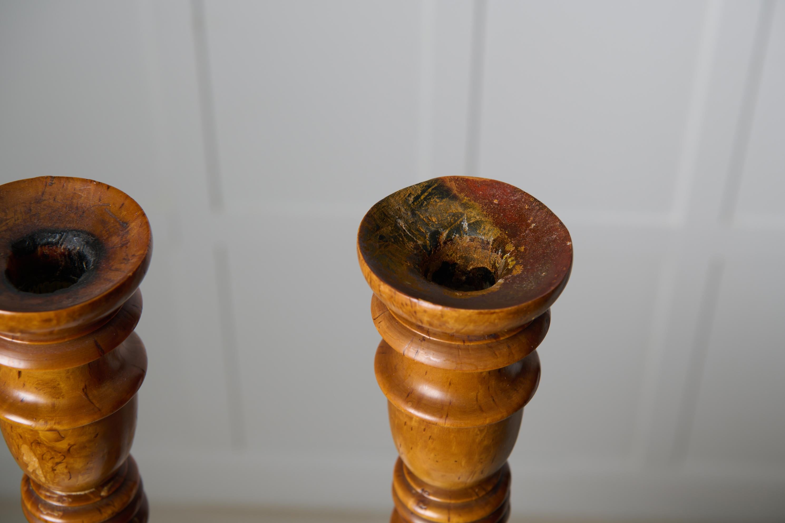 Pair of Antique Swedish Empire Candlesticks Made by Hand in Solid Birch For Sale 3