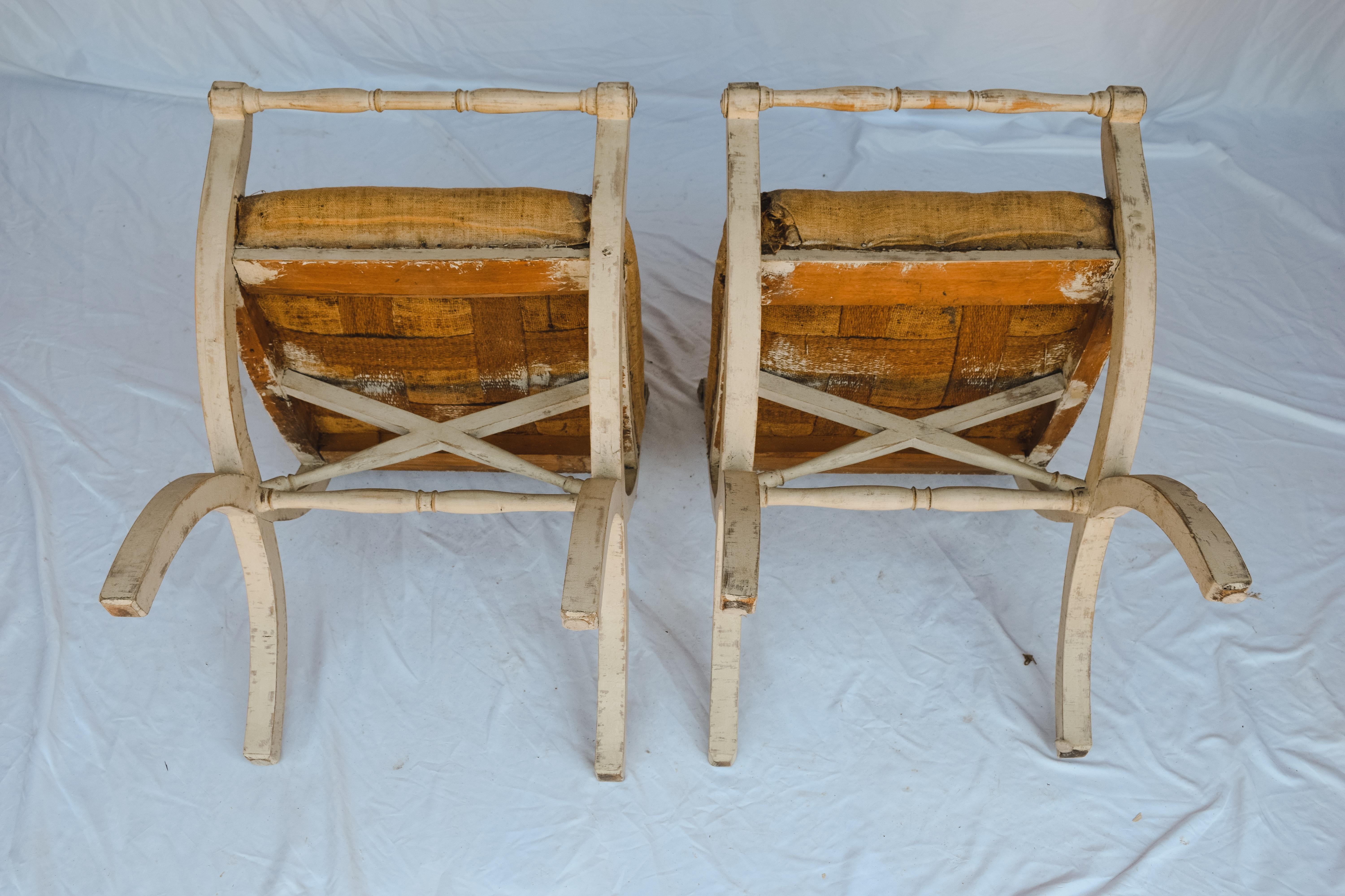 Pair of Antique Swedish Gustavian Stools with Linen Upholstery For Sale 6