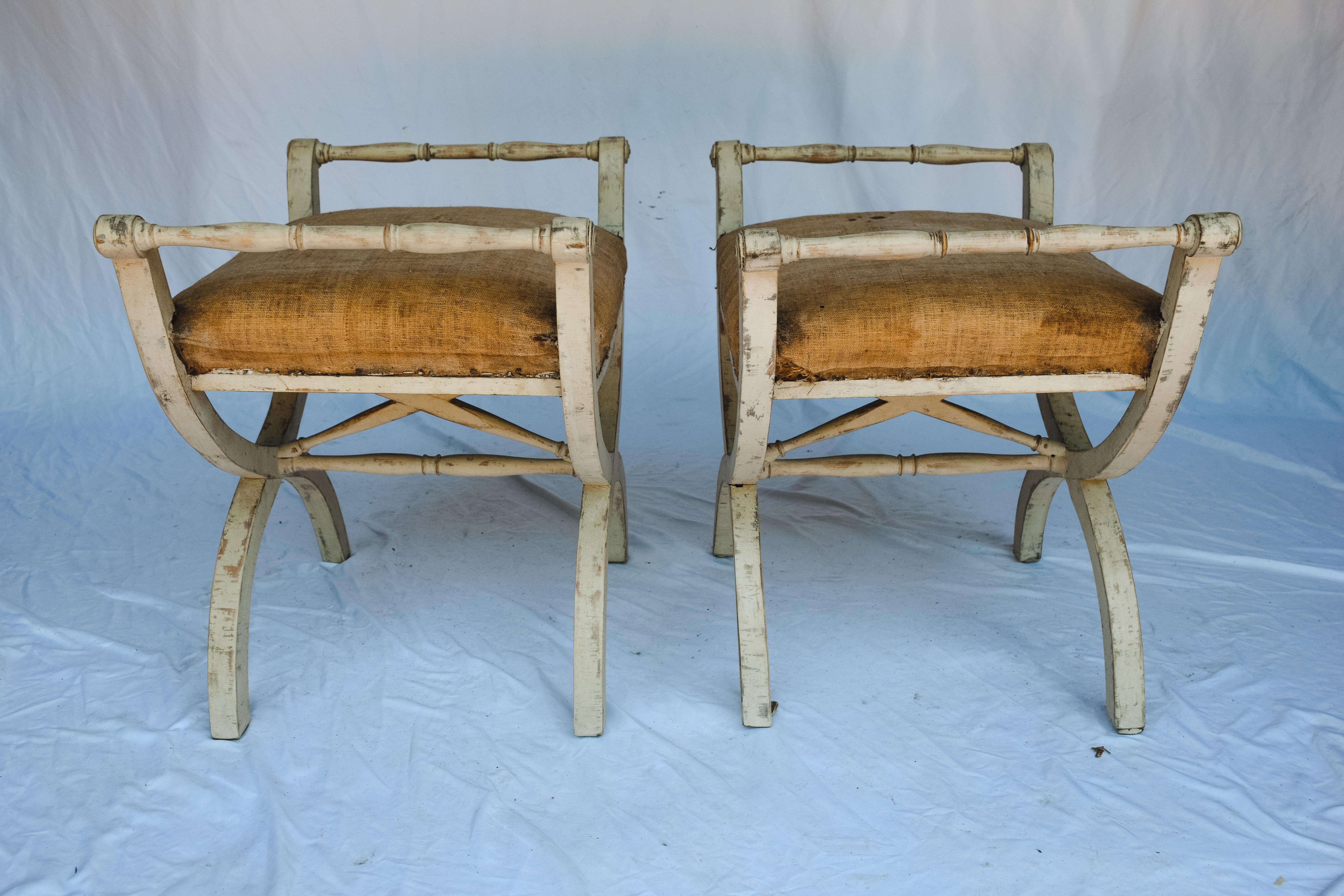 Pair of Antique Swedish Gustavian Stools with Linen Upholstery In Good Condition In Houston, TX