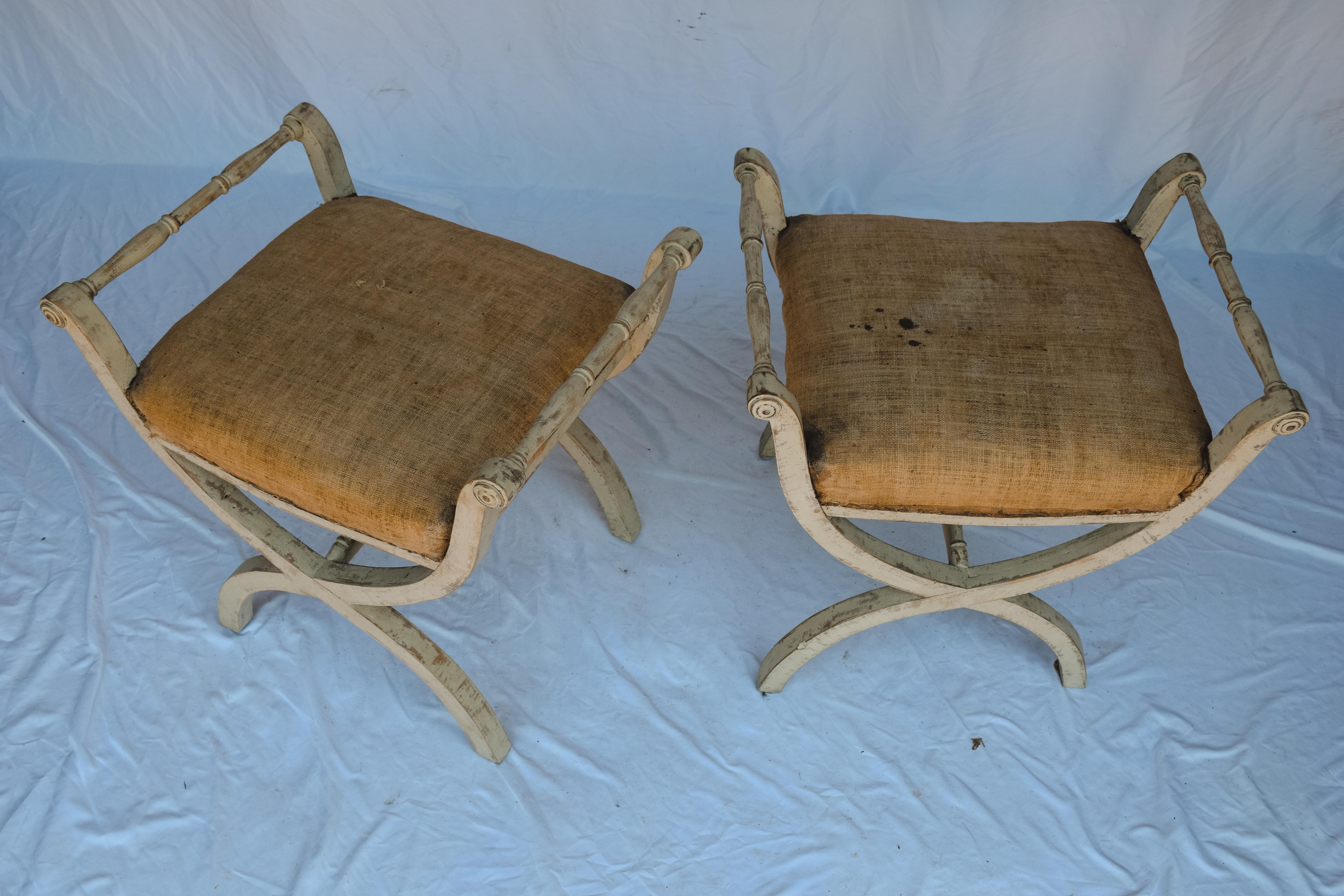 18th Century Pair of Antique Swedish Gustavian Stools with Linen Upholstery For Sale