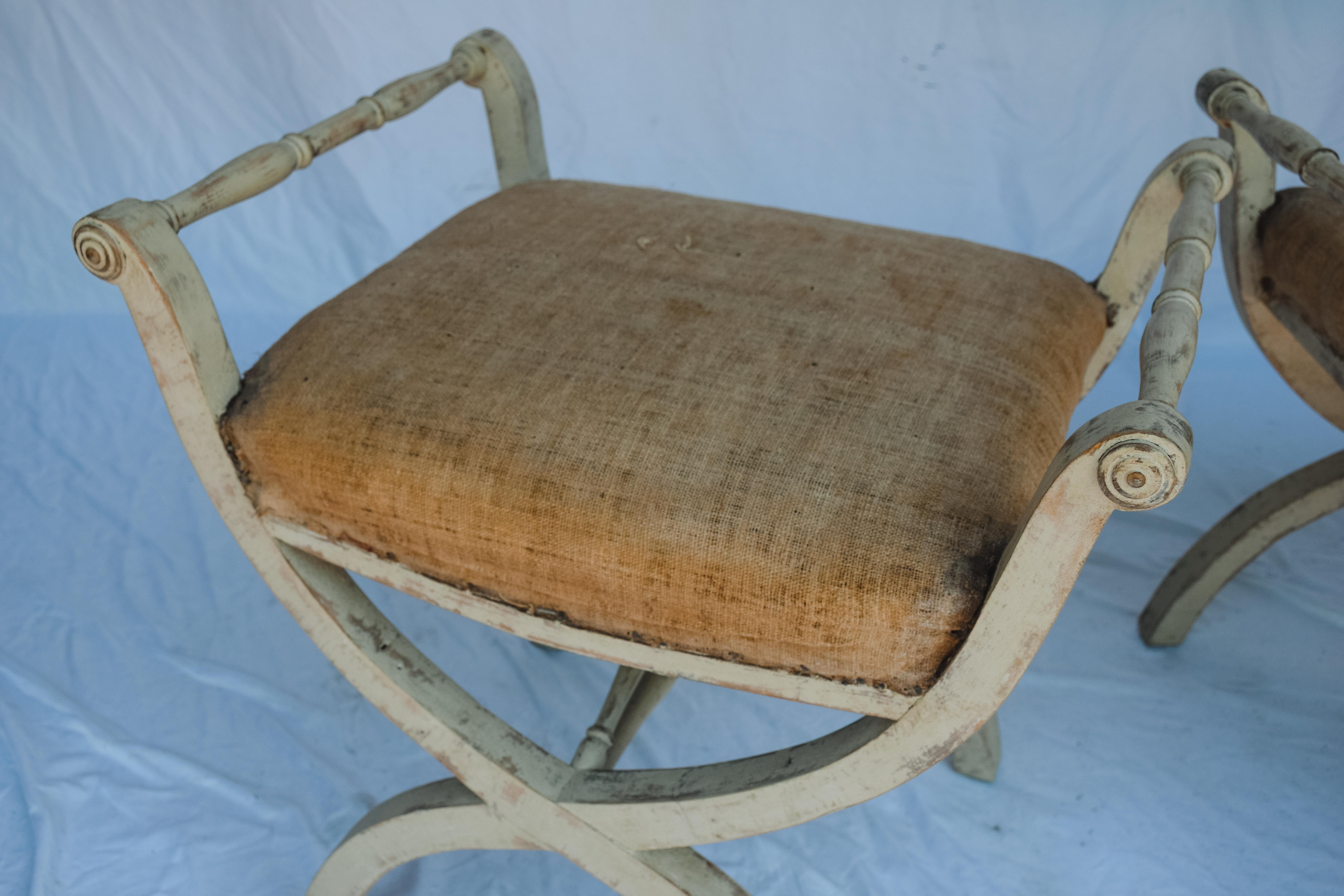 Pair of Antique Swedish Gustavian Stools with Linen Upholstery For Sale 1