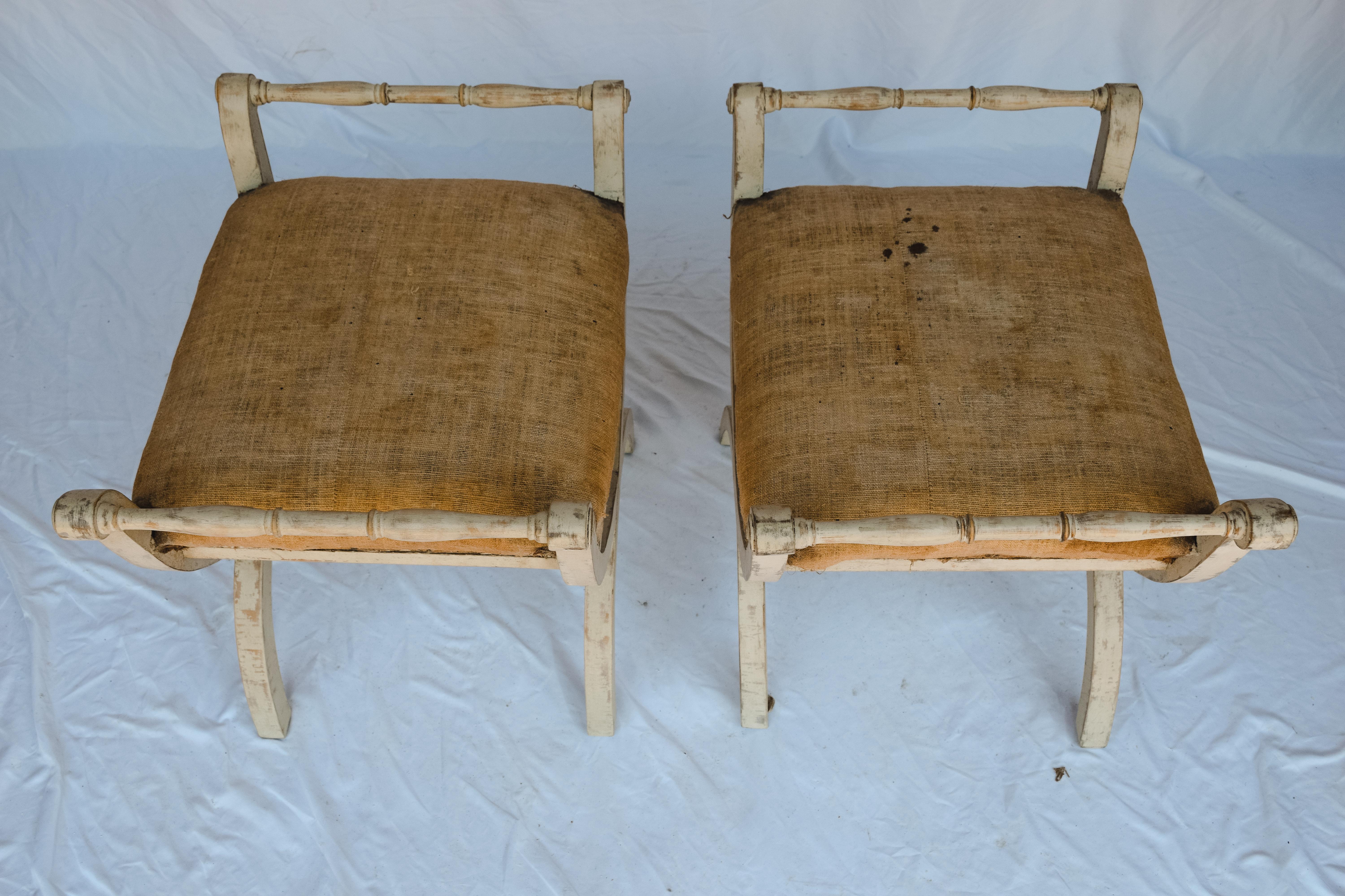 Pair of Antique Swedish Gustavian Stools with Linen Upholstery For Sale 2