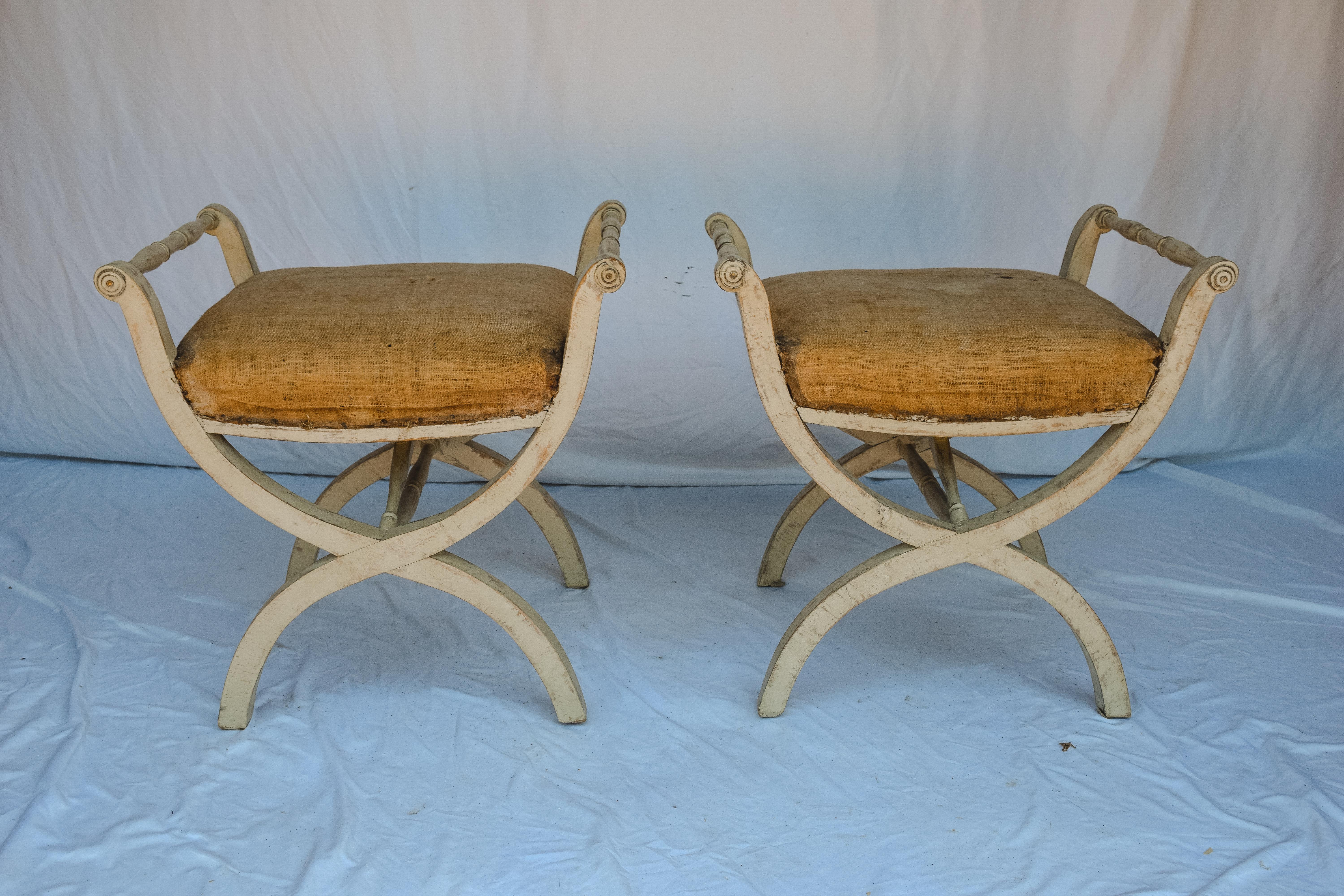 Pair of Antique Swedish Gustavian Stools with Linen Upholstery For Sale 3