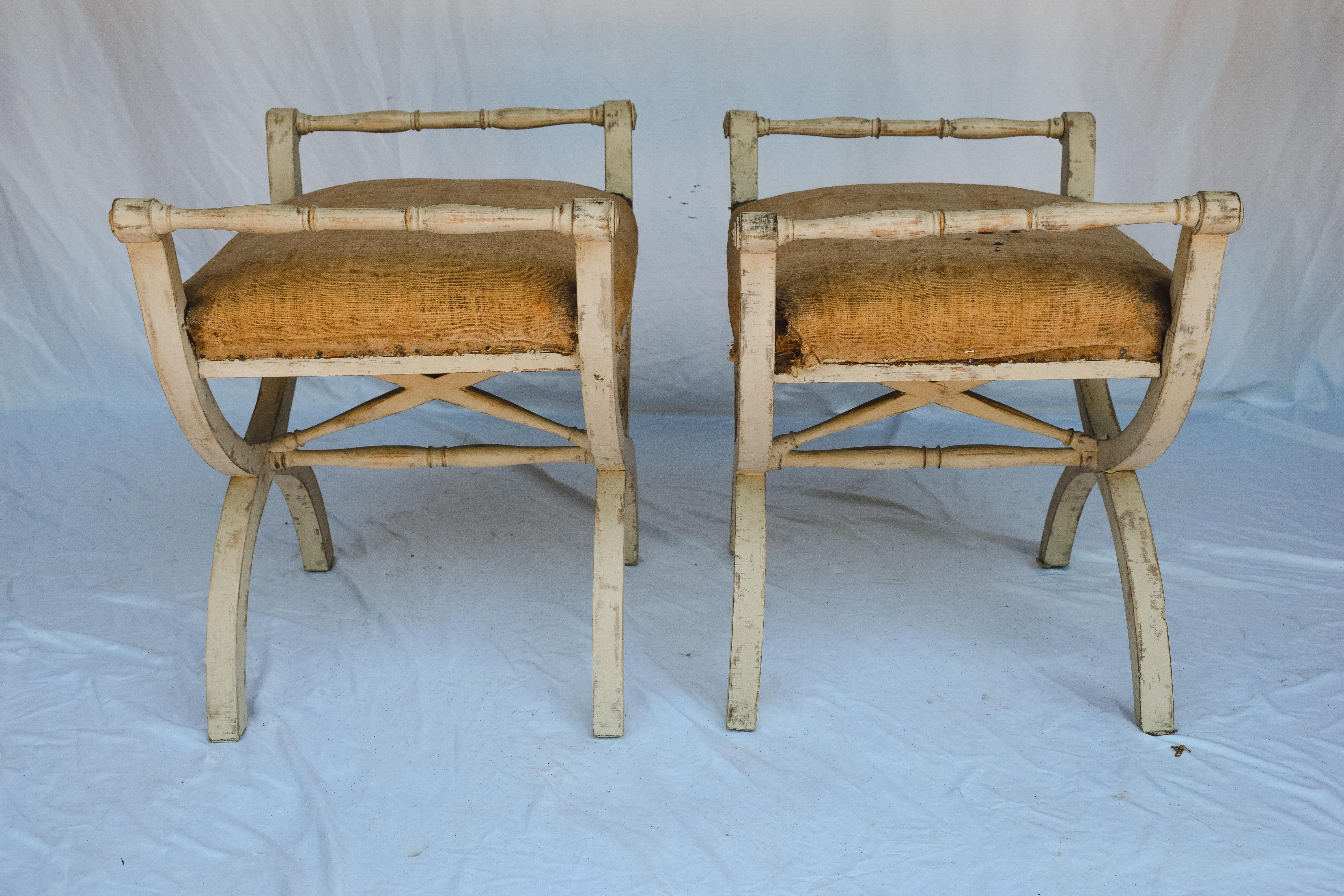 Pair of Antique Swedish Gustavian Stools with Linen Upholstery For Sale 4