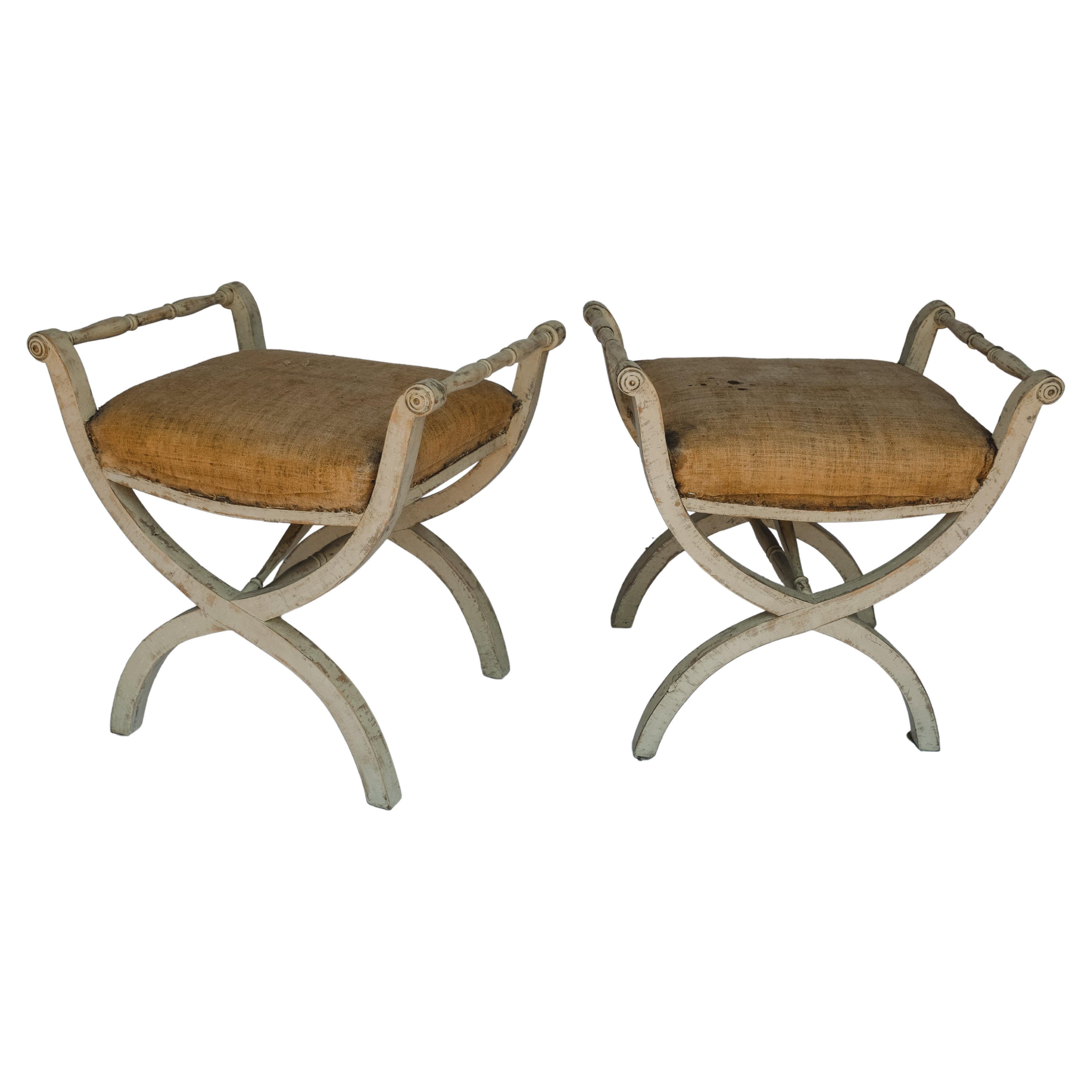 Pair of Antique Swedish Gustavian Stools with Linen Upholstery For Sale