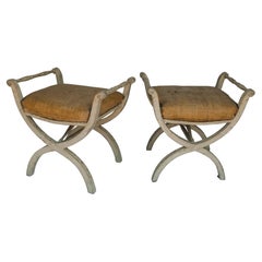 Pair of Antique Swedish Gustavian Stools with Linen Upholstery