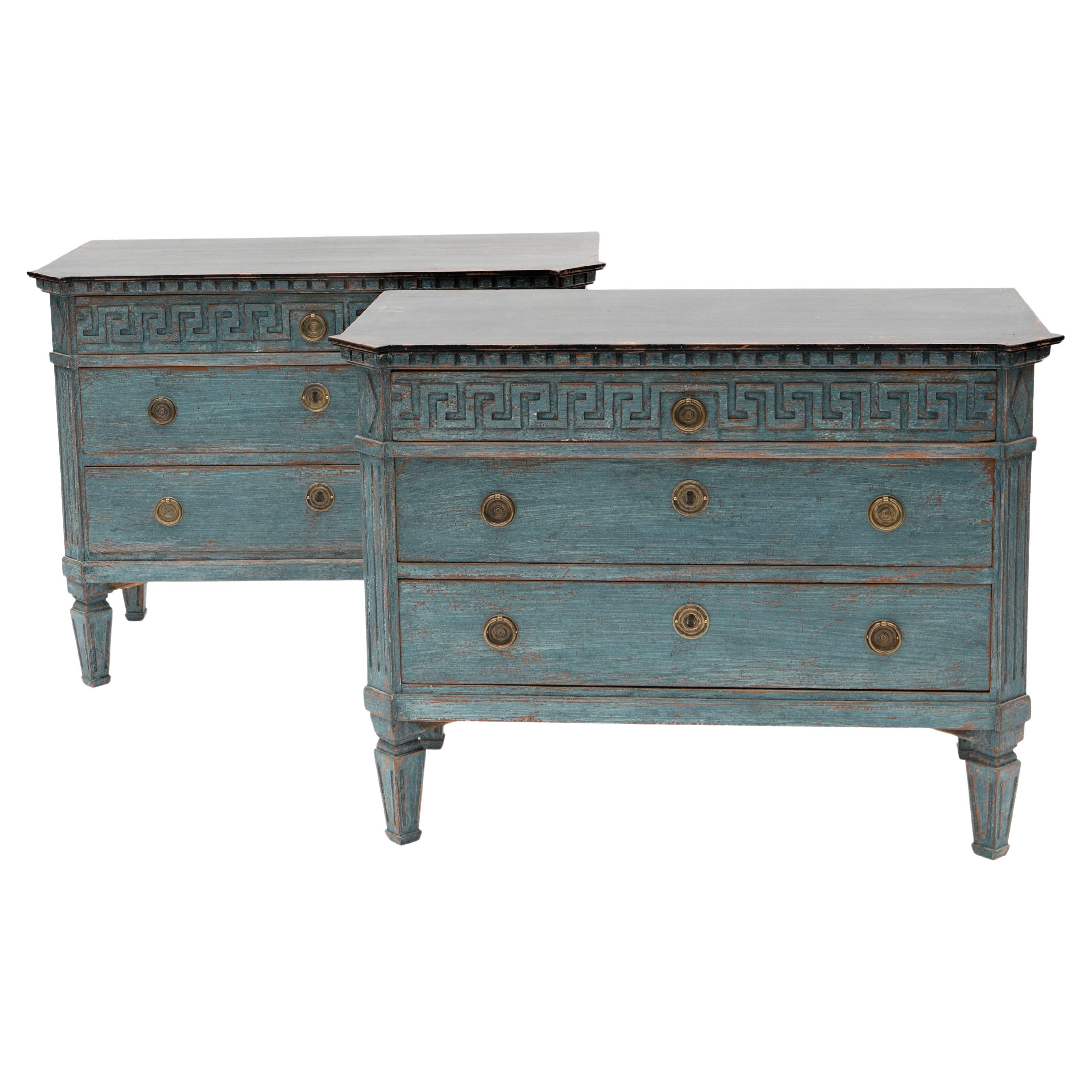 Pair of Swedish Gustavian Style Blue Painted Chest of Drawers For Sale