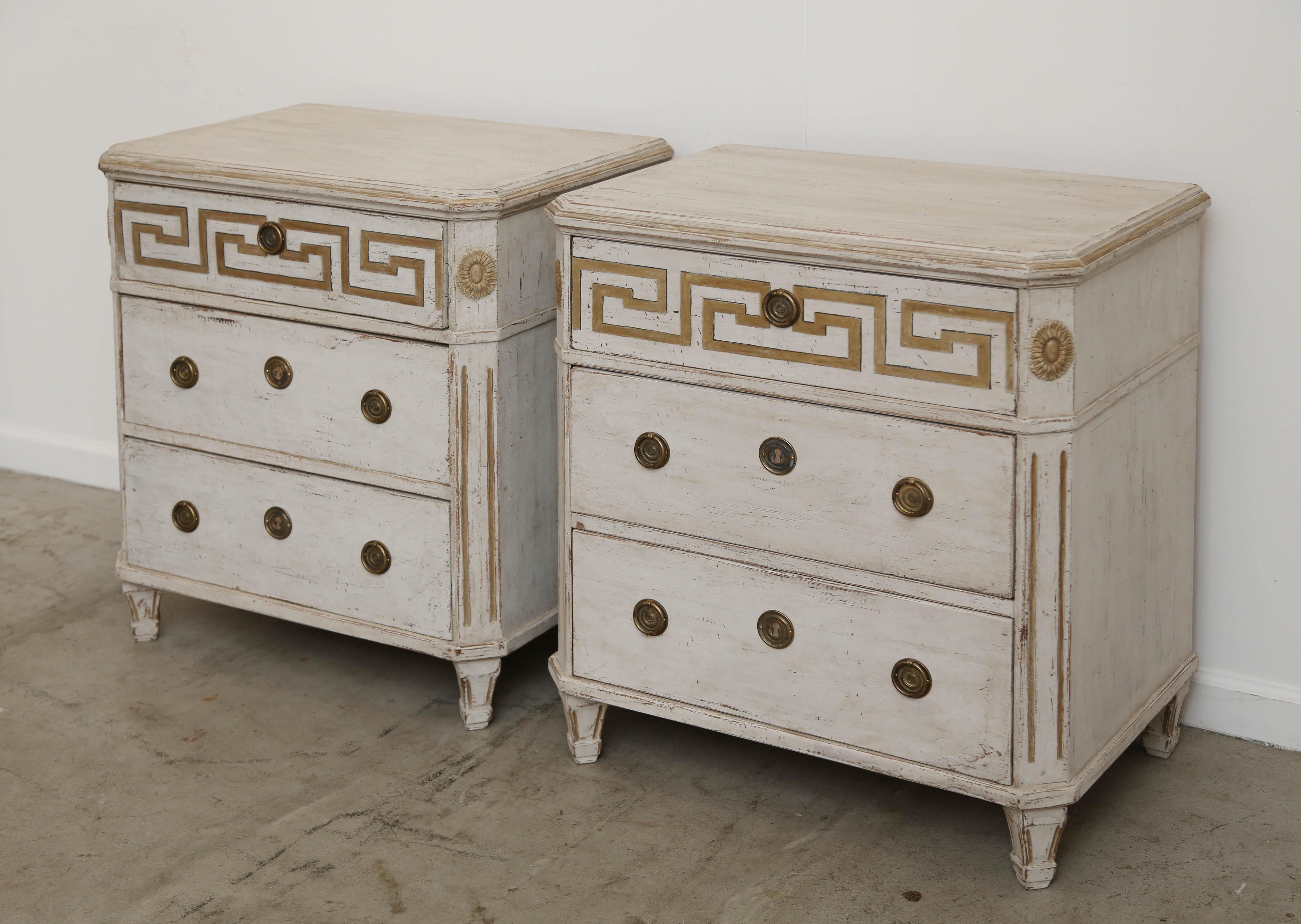 Pair of Antique Swedish Gustavian Style Painted Chests with Greek Key 1
