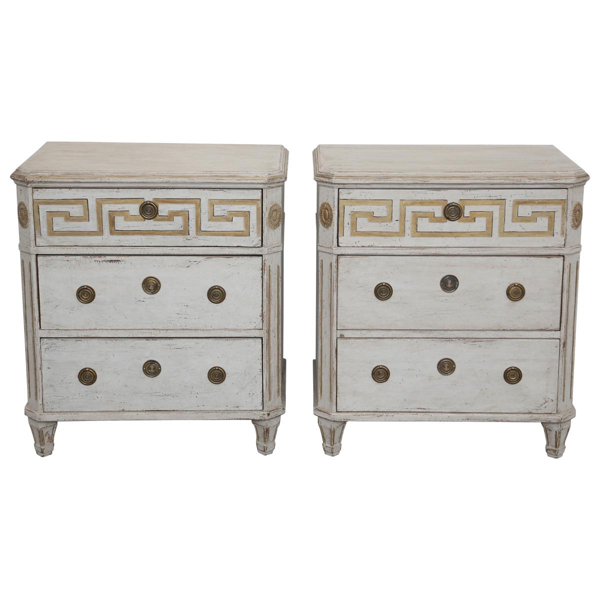 Pair of Antique Swedish Gustavian Style Painted Chests with Greek Key