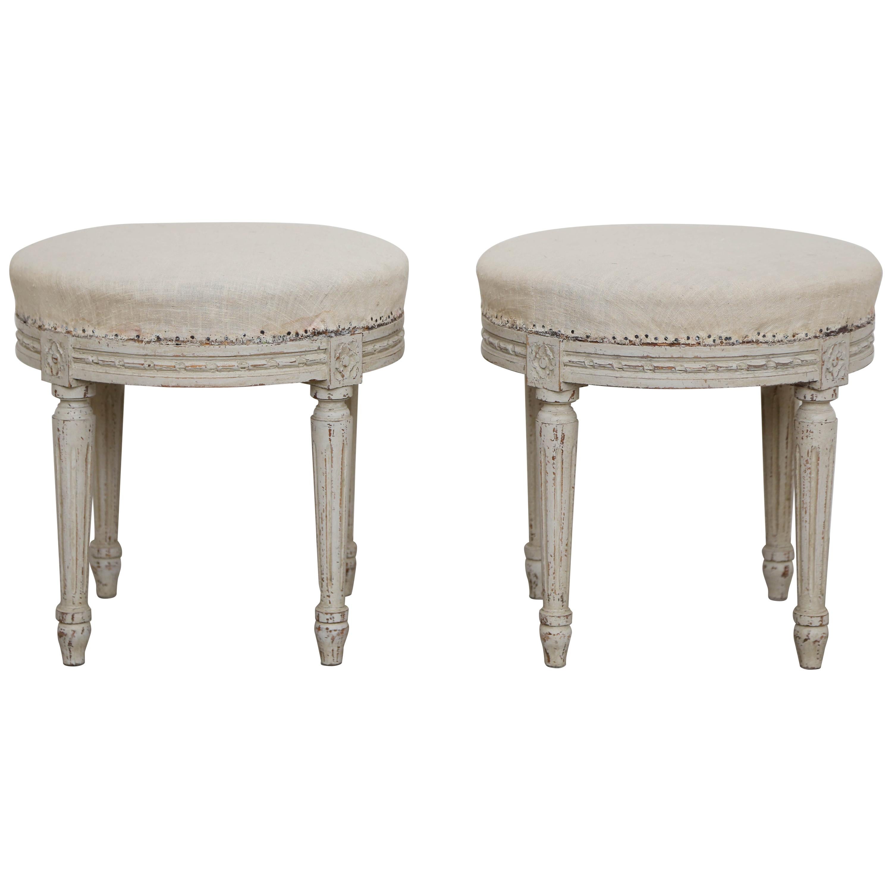 Pair of Antique Swedish Gustavian Style Painted Round Stools, Late 19th Century
