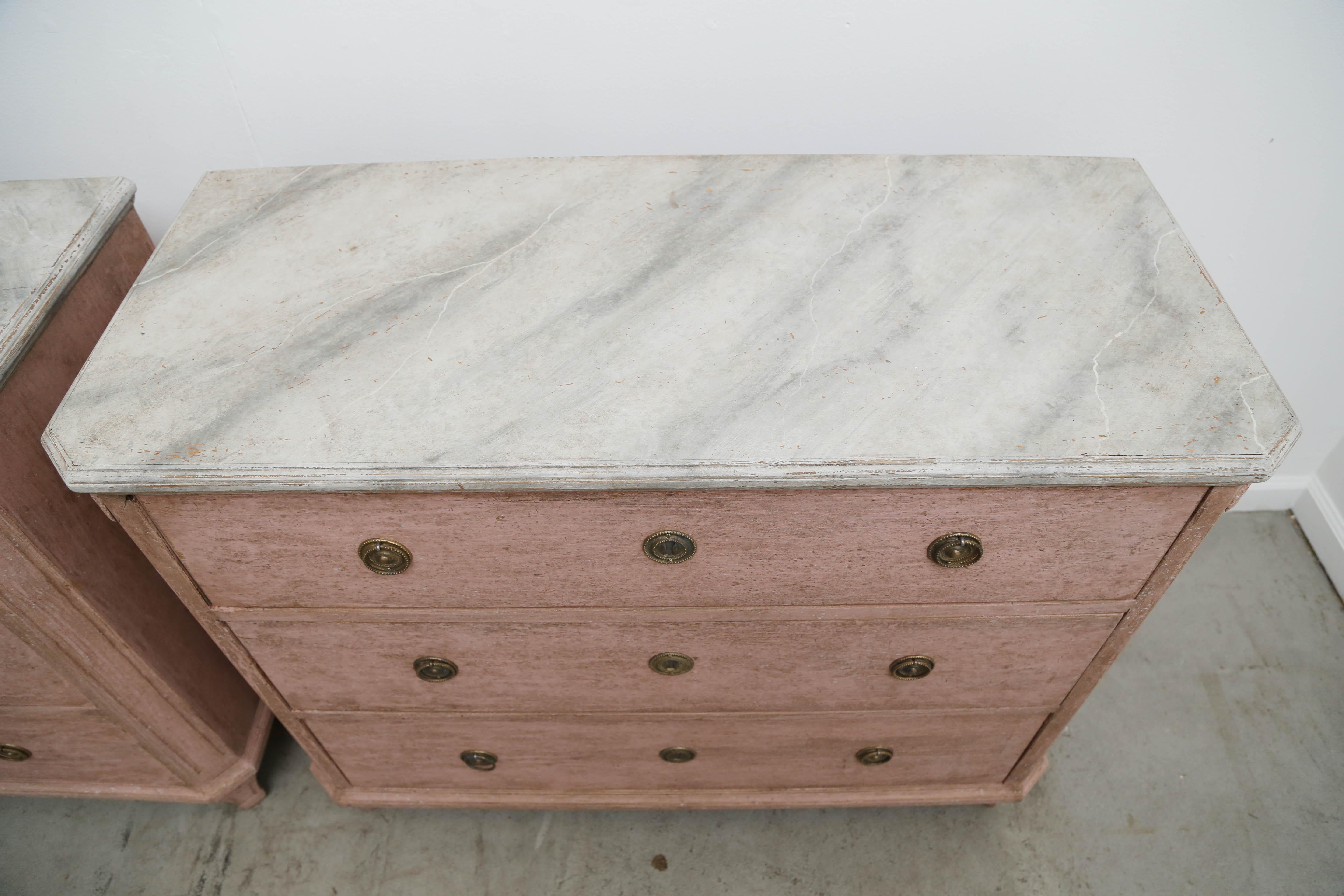 Pair of Antique Swedish Gustavian Style Rose Painted Chests, Late 19th Century 7