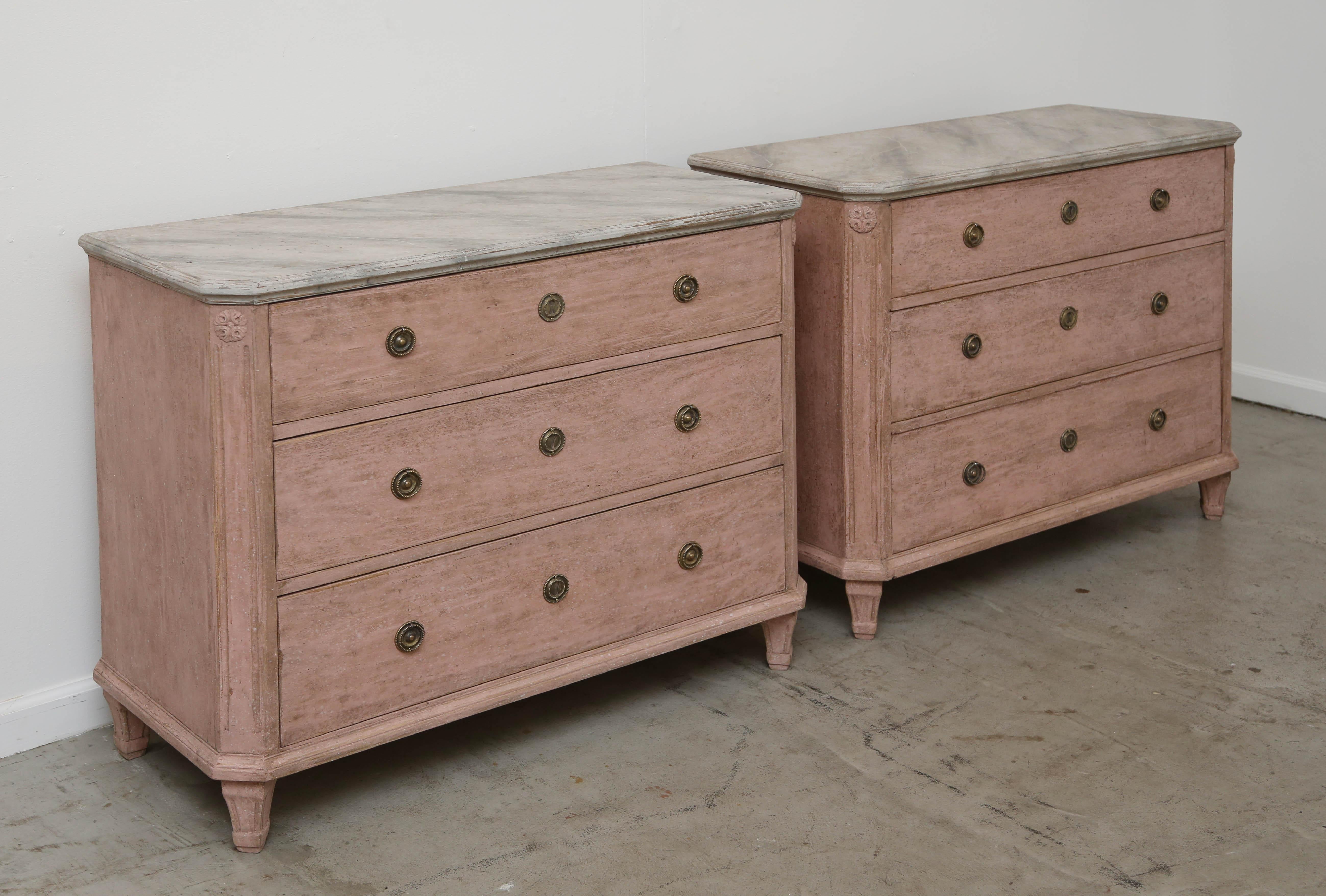 Wood Pair of Antique Swedish Gustavian Style Rose Painted Chests, Late 19th Century