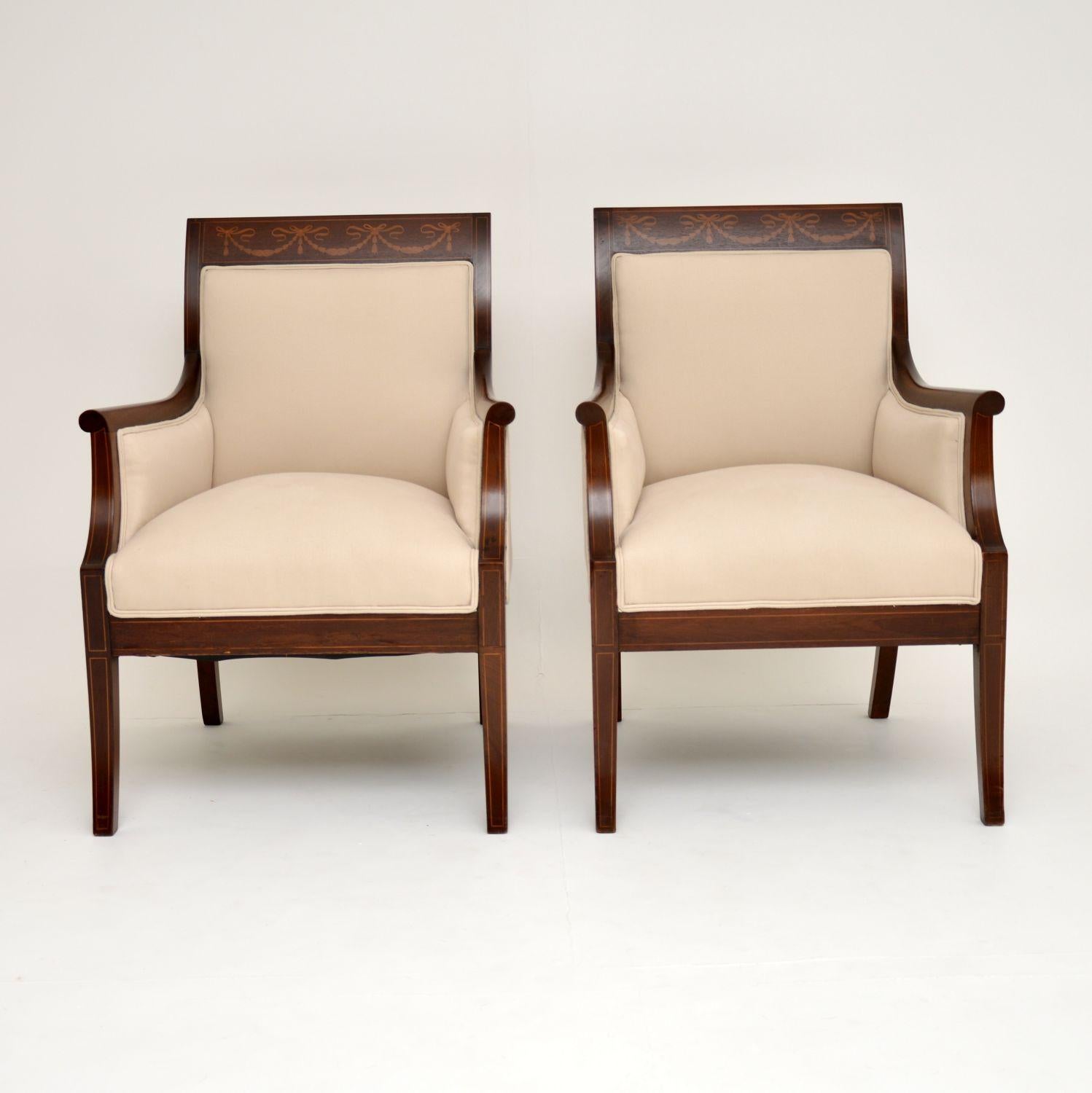 Georgian Pair of Antique Swedish Inlaid Mahogany Armchairs