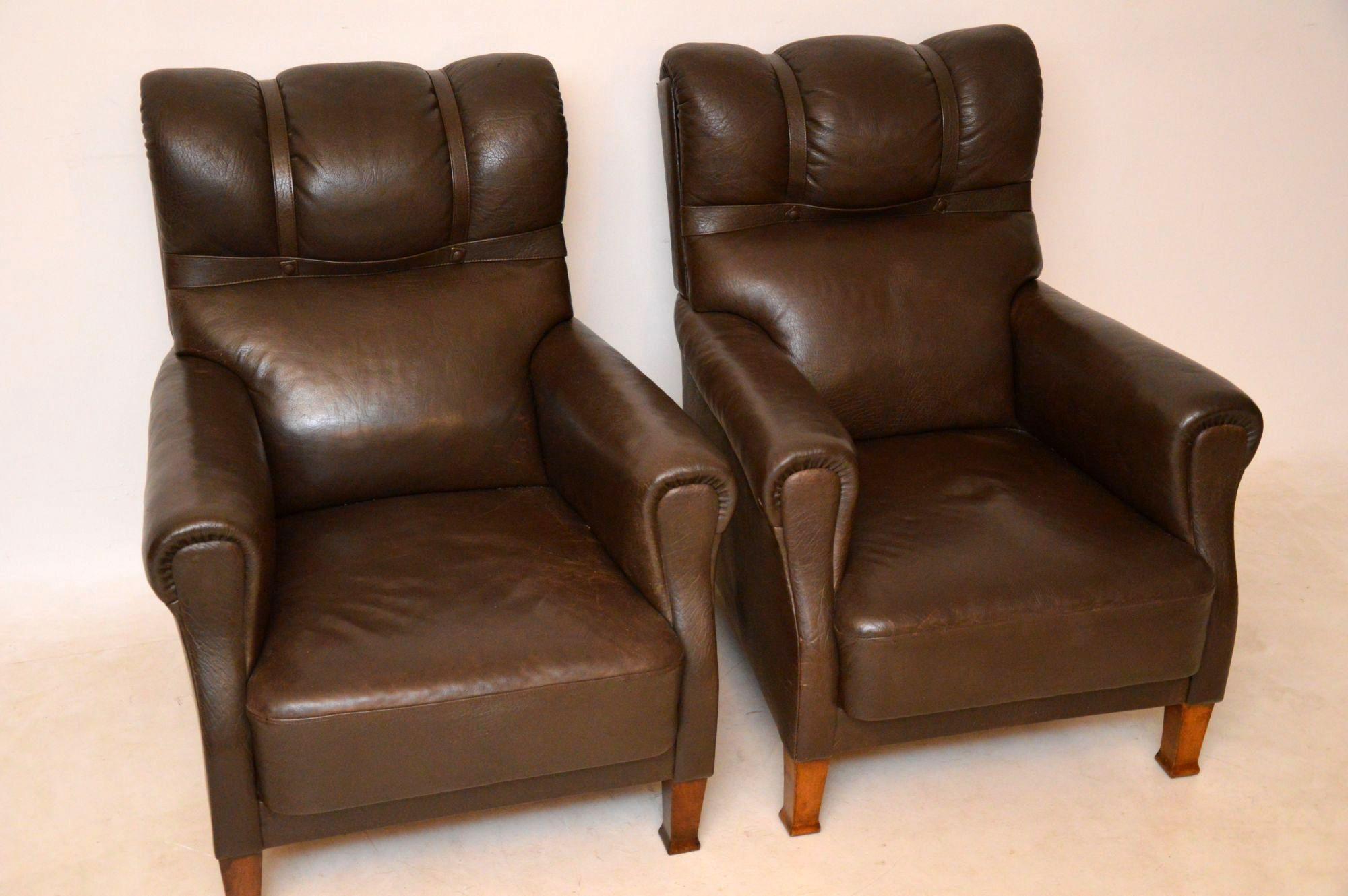 Pair of Antique Swedish Leather Armchairs 5