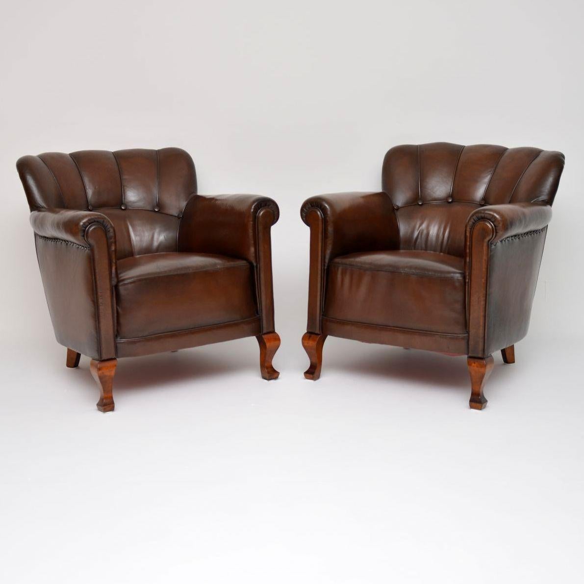 Art Deco Pair of Antique Swedish Leather Armchairs