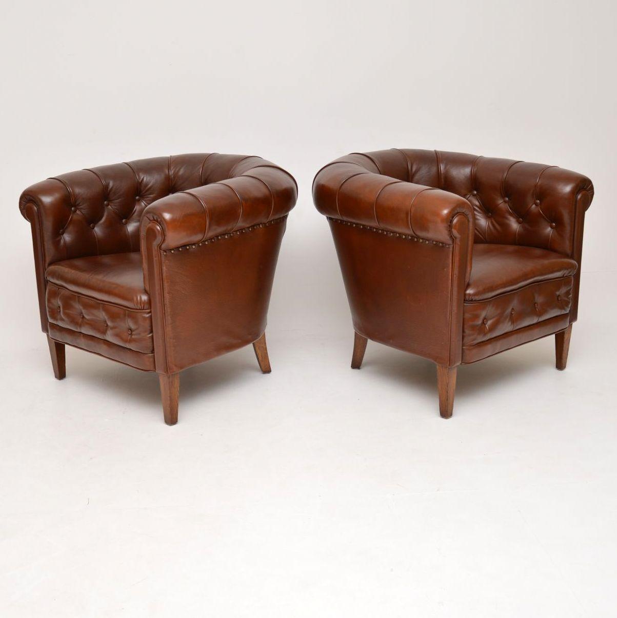 Pair of Antique Swedish Leather Armchairs (Edwardian)