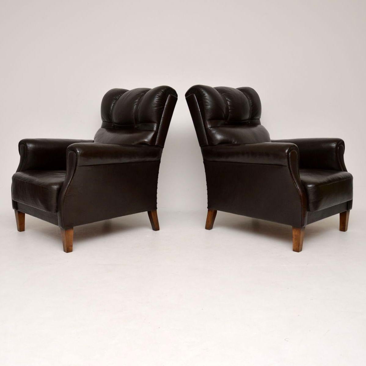 Late Victorian Pair of Antique Swedish Leather Armchairs