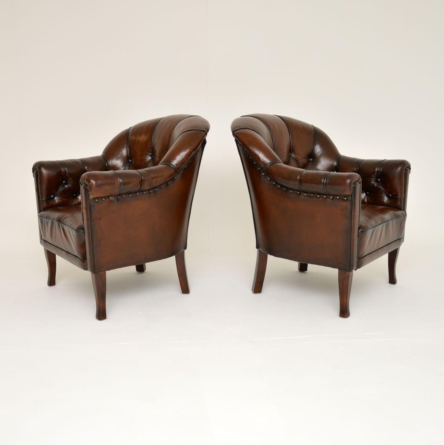 20th Century Pair of Antique Swedish Leather Armchairs