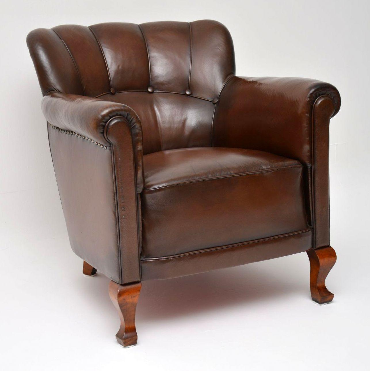 Early 20th Century Pair of Antique Swedish Leather Armchairs