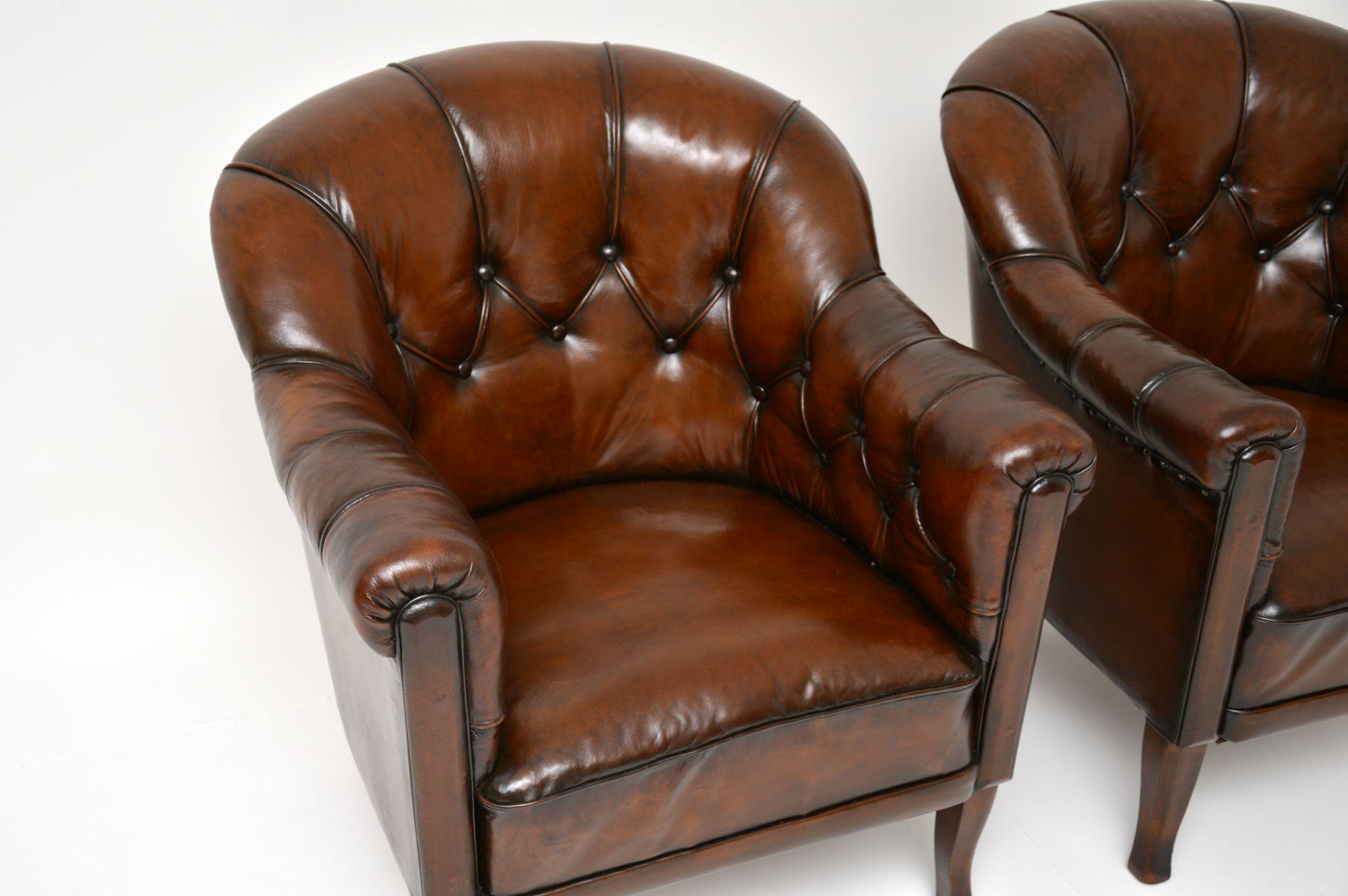 Pair of Antique Swedish Leather Armchairs 1