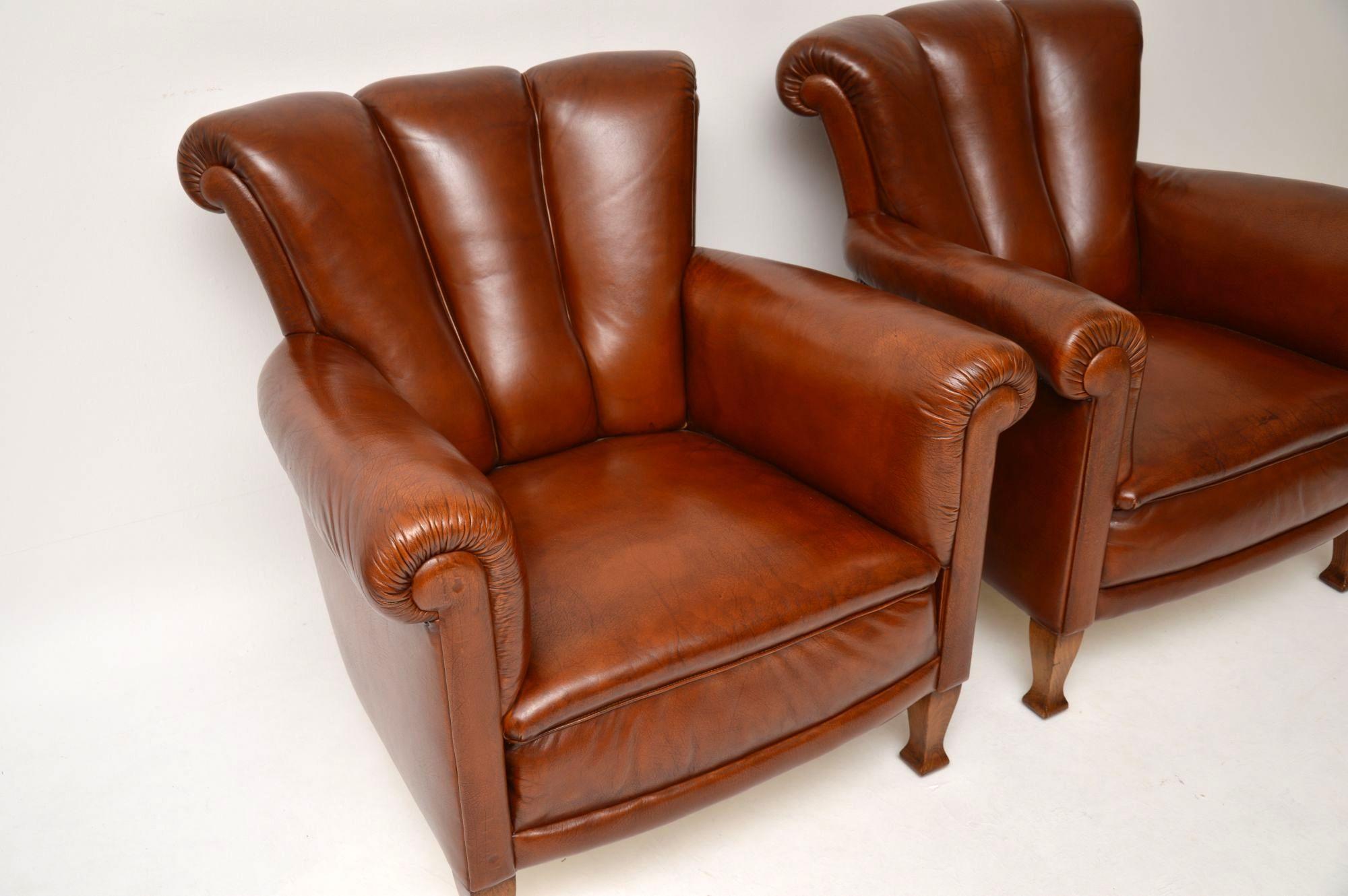 Pair of Antique Swedish Leather Armchairs 1