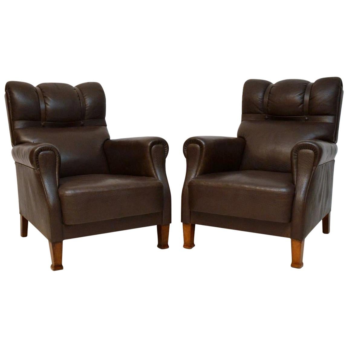 Pair of Antique Swedish Leather Armchairs