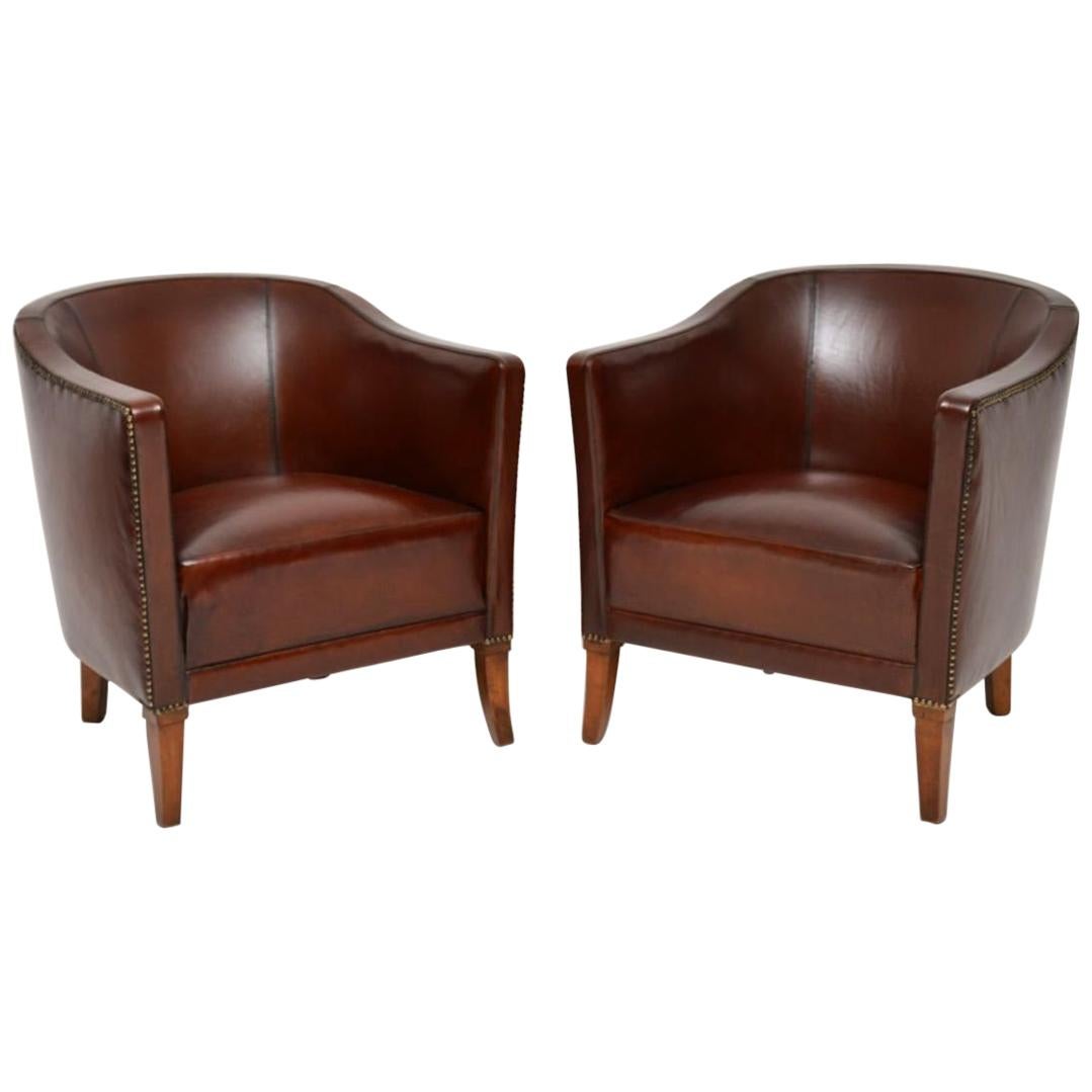 Pair of Antique Swedish Leather Armchairs