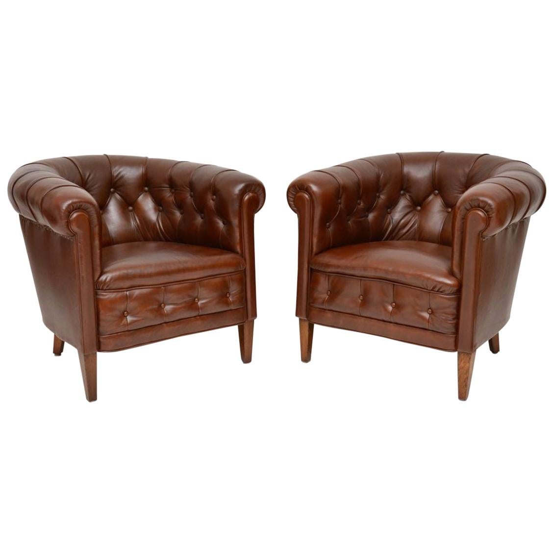 Pair of Antique Swedish Leather Armchairs