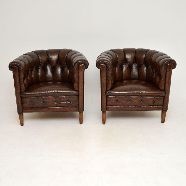 A gorgeous and very comfortable pair of antique leather armchairs. These were made in Sweden, they date from around the 1890-1910 period.

They are of amazing quality, with thick full grain original leather upholstery, with some fabulous surface