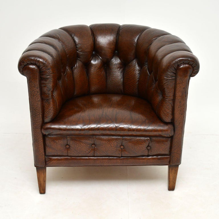 19th Century Pair of Antique Swedish Leather Chesterfield Armchairs